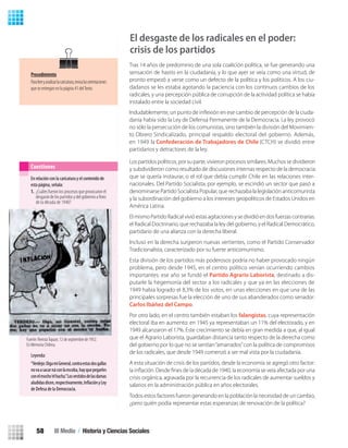 Tras 14 años de predominio de una sola coalición política, se fue generando una
sensación de hastío en la ciudadanía, y lo que ayer se veía como una virtud, de
pronto empezó a verse como un defecto de la política y los políticos. A los ciu-
dadanos se les estaba agotando la paciencia con los continuos cambios de los
radicales, y una percepción pública de corrupción de la actividad política se había
instalado entre la sociedad civil.
Los partidos políticos, por su parte, vivieron procesos similares. Muchos se dividieron
y subdividieron como resultado de discusiones internas respecto de la democracia
que se quería instaurar, o el rol que debía cumplir Chile en las relaciones inter-
nacionales. Del Partido Socialista, por ejemplo, se escindió un sector que pasó a
denominarse Partido Socialista Popular, que rechazaba la legislación anticomunista
y la subordinación del gobierno a los intereses geopolíticos de Estados Unidos en
América Latina.
El mismo Partido Radical vivió estas agitaciones y se dividió en dos fuerzas contrarias:
el Radical Doctrinario, que rechazaba la ley del gobierno, y el Radical Democrático,
partidario de una alianza con la derecha liberal.
Incluso en la derecha surgieron nuevas vertientes, como el Partido Conservador
Tradicionalista, caracterizado por su fuerte anticomunismo.
Esta división de los partidos más poderosos podría no haber provocado ningún
problema, pero desde 1945, en el centro político venían ocurriendo cambios
importantes: ese año se fundó el Partido Agrario Laborista, destinado a dis-
putarle la hegemonía del sector a los radicales y que ya en las elecciones de
1949 había logrado el 8,3% de los votos, en unas elecciones en que una de las
principales sorpresas fue la elección de uno de sus abanderados como senador:
Carlos Ibáñez del Campo.
Por otro lado, en el centro también estaban los falangistas, cuya representación
electoral iba en aumento: en 1945 ya representaban un 11% del electorado, y en
1949 alcanzaron el 17%. Este crecimiento se debía en gran medida a que, al igual
que el Agrario Laborista, guardaban distancia tanto respecto de la derecha como
del gobierno por lo que no se sentían“amarrados”con la política de compromisos
de los radicales, que desde 1949 comenzó a ser mal vista por la ciudadanía.
A esta situación de crisis de los partidos, desde la economía se agregó otro factor:
crisis orgánica, agravada por la recurrencia de los radicales de aumentar sueldos y
salarios en la administración pública en años electorales.
Todos estos factores fueron generando en la población la necesidad de un cambio,
¿pero quién podía representar estas esperanzas de renovación de la política?
1. ¿Cuáles fueron los procesos que provocaron el
desgaste de los partidos y del gobierno a ﬁnes
de la década de 1940?
Leyenda:
“Verdejo:OigamiGeneral,contraestasdosgallas
novaasacarnáconlaescoba,hayquepegarles
conelmocho‘elhacha.”Losvestidosdelasdamas
aludidasdicen,respectivamente, yLey
de Defesa de la Democracia.
Cuestiones
Fuente: RevistaTopaze, 12 de septiembre de 1952.
En Memoria Chilena.
Procedimiento
Paraleeryanalizarlacaricatura,revisalasorientaciones
que se entregan en la página 41 delTexto.
En relación con la caricatura y el contenido de
esta página, señala:
Indudablemente, un punto de inﬂexión en ese cambio de percepción de la ciuda-
danía había sido la Ley de Defensa Permanente de la Democracia. La ley provocó
no sólo la persecución de los comunistas, sino también la división del Movimien-
to Obrero Sindicalizado, principal respaldo electoral del gobierno. Además,
en 1949 la Confederación de Trabajadores de Chile (CTCH) se dividió entre
partidarios y detractores de la ley.
El desgaste de los radicales en el poder:
crisis de los partidos
III Medio / Historia y Ciencias Sociales58
U2 HISTORIA IIIº MEDIO 2012.indd 58 07-01-13 17:41
 