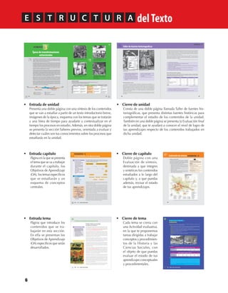 6
E S T R U UT AC R delTexto
• Entrada de unidad
Presenta una doble página con una síntesis de los contenidos
que se van a estudiar a partir de un texto introductorio breve,
imágenes de la época, esquema con los temas que se tratarán
y una línea de tiempo para ayudarte a contextualizar en el
tiempo los procesos en estudio. Además, en otra doble página
se presenta la sección Saberes previos, orientada a evaluar y
detectar cuáles son tus conocimientos sobre los procesos que
estudiarás en la unidad.
• Cierre de unidad
Consta de una doble página llamada Taller de fuentes his-
toriográficas, que presenta distintas fuentes históricas para
complementar el estudio de los contenidos de la unidad.
También en una doble página se presenta la Evaluación final
de la unidad, que te ayudará a conocer el nivel de logro de
tus aprendizajes respecto de los contenidos trabajados en
dicha unidad.
• Entrada capítulo
Página en la que se presenta
el tema que se va a trabajar
durante el capítulo, los
Objetivos de Aprendizaje
(OA), los temas específicos
que se estudiarán y un
esquema de conceptos
centrales.
• Entrada tema
Página que introduce los
contenidos que se tra-
bajarán en esta sección.
En ella se presentan los
Objetivos de Aprendizaje
(OA) específicos que serán
desarrollados.
• Cierre de capítulo
Doble página con una
Evaluación de síntesis,
destinada a que integres
y sintetices los contenidos
estudiados a lo largo del
capítulo y, a que puedas
además, revisar el estado
de tus aprendizajes.
• Cierre de tema
Cada tema se cierra con
una Actividad evaluativa,
en la que te proponemos
tareas dirigidas a trabajar
conceptos y procedimien-
tos de la Historia y las
Ciencias Sociales, con
el objeto de que puedas
evaluar el estado de tus
aprendizajes conceptuales
y procedimentales.
92
3U N I D A D
Época de transformaciones
estructurales
Esta Unidad hace una revisión exhaustiva de una época en que las palabras revolución y
juventud alcanzaron la categoría de iconos, cuando los jóvenes emergieron como actores
sociales y políticos relevantes, transformándose en protagonistas de importantes cambios
políticos y culturales, soñadores de la revolución social.
En el ámbito internacional, esta época estuvo marcada por la Guerra Fría, que como ya sabes,
fue el enfrentamiento ideológico sostenido por las dos grandes potencias de la segunda mitad
del siglo XX: Estados Unidos y la Unión Soviética. En la década de 1960, América Latina se
transformó en importante escenario de ese conflicto debido a la Revolución Cubana (1959) y a
la estrategia continental que desarrolló Estados Unidos para evitar que aquella se propagara.
En el ámbito nacional, en esta época llegaron a la Presidencia de la República, tres proyectos
políticos y económicos de distinto signo y color político.
Así, entre 1958 y 1973, desfilaron por la Moneda representantes de las tres principales fuerzas
delapolíticachilenadeesosaños:laderechaque,representadaporJorgeAlessandriRodríguez
alcanzó el poder en 1958 y pretendió desarrollar reformas liberales al modelo ISI; el centro
democratacristiano, representado por Eduardo Frei Montalva, quien llegó a la presidencia en
1964, e impulsó importantes reformas estructurales (medidas dirigidas a modificas el sistema
económico y social existente); y finalmente, la izquierda, representada por Salvador Allende
Gossens, que intentó aplicar un modelo socialista democrático en Chile.
Todo lo anterior en un contexto de creciente participación ciudadana, movilización social,
inflación fuera de control, crisis económica y conflictividad en aumento, pero caracterizado
también por: una masificación de la sociedad, lenta incorporación de las nuevas tecnologías
comunicacionales, creciente urbanización, surgimiento de nuevos movimientos artísticos, etc.
Es decir, en todo sentido, esta fue una época de expansión, que quizás la propia sociedad no
estaba aún en condiciones de enfrentar, ni menos, asumir. De ahí tal vez proviniera la crisis
de las expectativas o desencanto que distintos sectores empezaron a vivir en el transcurso
de estos años. Con todo, este es, sin dudas, un período apasionante de la Historia de Chile,
que te invitamos a revivir a través de estas páginas.
	 Gobierno	Jorge	Alessandri
	 Gobierno	Eduardo	Frei	Montalva
	 Gobierno	Salvador	Allende
	 Reforma	educacional
	 Reforma	agraria
	 Chilenización	y	nacionalización	del	cobre
Revolución
cubana (1959)
Alianza para el
progreso (1961)
Mayo francés y Primavera
de Praga (mayo 1968)
1955 1960 1965 1970 1975
93
Electrodomésticos	de	producción	nacional,	1970.
Fuente: Filippi, E y Millas, H. Anatomía de un fracaso. La experiencia
socialistaenChile. Santiago: Zig-Zag, 1999.
“Un personaje de leyenda y novela. Es el célebre “Che”
Guevara, médico argentino de 30 años, que fue el estra-
tega de la revolución.Sus soldados lo llaman el“Napoleón
de la Sierra”	(1959).
Fuente:AsíLovioZigzag.Recopilación(1985).JaimeMartinez(coordi-
nador editorial). Santiago: Zig Zag.
Esquema de contenidos
En el siguiente esquema conceptual, podrás apreciar la importancia que tienen los con-
tenidos de esta Unidad en la Historia de Chile del siglo XX.
Toma	de	fundo	por	campesinos	organizados	en	el	Movi-
miento	Campesino	Revolucionario,	1971.
Fuente: Filippi, E y Millas, H. Anatomía de un fracaso. La experiencia
socialistaenChile. Santiago: Zig-Zag, 1999.
Feria	artesanal	del	Parque	Forestal,	1960.
Fuente:NicolásCruzyotros.HistoriadeChileIlustradaII,(2005).Santiago:
Editorial Zig-Zag
Sociedad
Cultura
EconomíaPolítica
1920- 1938 1938- 1958 1958-1973 1973-1990 1990- 2010
Fin del Parlamentarismo e
inicio del presidencialismo
Gobiernos nacional- populares
y prácticas populistas
LosTresTercios de la política
nacional: Derecha, Centro e
Izquierda
Régimen Militar Recuperación de la democracia
y revaloración de los Derechos
humanos
Crisis del libre mercado y mayor
iniciativa del Estado
Modelo de industrialización
sustitutiva de importaciones
(ISI). Desarrollo y crisis
Grandes reformas estructurales
al ISI: Reforma agraria y nacio-
nalización del cobre
Abandono del ISI y desarrollo
de reformas neoliberales: aper-
tura comercial al exterior
Inserción comercial en un mun-
do globalizado, con reformas
sociales destinadas a reducir
la pobreza
Movimientos sociales: ruido de
sables, estudiantes, obreros,
mujeres.
Sufragio femenino, sindica-
lización, cultura de masas,
urbanización
La revolución de las expecta-
tivas, reforma universitaria, la
nueva ola, la nueva canción
chilena
Represión a los movimientos
sociales y violaciones a los
DDHH.
Crisis y reorganización de los
movimientos sociales. Las redes
sociales y las nuevas tecnolo-
gías de comunicación
La transición a la democracia
El esquema hace referencia al proceso de transición y dos factores clave para
entenderlo: de una parte, la crisis política del régimen (1983- 1986); y de la otra,
la transición pactada (1987- 1989).
Las dificultades políticas se debieron a la crisis económica de 1982: una ola de
protestas entre 1983 y 1986, permitió la reactivación de la oposición, la que se
organizó en dos fuerzas: el Movimiento Democrático Popular, que encabezó
las protestas; y la Alianza Democrática, que alcanzó gran apoyo popular. La
Alianza Democrática junto con sectores liberales del régimen, y con mediación
de la Iglesia Católica firmaron el Acuerdo Nacional en 1985, que postulaba una
transición más rápida y cambio pacífico de régimen. La negativa del gobierno
a aceptar condiciones y a su intención de continuar con su plan de transición
establecido, provocaron que 1986 fuera considerado como un año decisivo en
el giro que tomarían los acontecimientos.
EldecliveenlaoladeprotestasyelfallidoatentadoalGeneralPinochetporparte
del FPMR, generaron una nueva etapa en la transición pactada a la democracia:
la Alianza (convertida ahora en Concertación de Partidos por la Democracia)
validó el itinerario institucional. Tras la derrota del régimen en el plebiscito de
octubre de 1988, este se abrió a realizar las reformas constitucionales que la
Alianzapostulaba.Finalmente,en1989serealizaronlaseleccionespresidenciales,
las cuales, con los resultados que arrojaron condujeron, de manera pacífica, al
fin del régimen militar y la recuperación de la democracia.
Este capítulo se refiere, en términos gruesos, al período 1983-1989, es decir,
a la etapa final del Régimen Militar. El siguiente esquema tiene el propósito
de sintetizar los temas que serán tratados:En este capítulo nos interesa que:
• Relacioneslacrisispolíticadelrégimenmilitar
con la crisis económica y el surgimiento de
una oposición social y política.
• Analiceslascaracterísticasdelaoposiciónque
surgiódesde1983ysusdiferenciasinternas,y
comprendascómologróvencerlaresistencia
delrégimenparaavanzarhacialarecuperación
de la democracia.
• Analices las modalidades que desarrolló el
régimen para resistir a la presión social y
política de la oposición, y cumplir así con su
itinerario institucional.
• Evalúes el impacto de la crisis del régimen,
en la participación y cultura política de la
población.
Objetivos de Aprendizajes
PC ÍA T U L O 3
• Transición a la democracia
• Protestas nacionales
• Alianza Democrática
• Movimiento Democrático Popular
• Acuerdo Nacional
• Visita del Papa Juan Pablo II
• El Plebiscito de 1988
• Elecciones libres de 1989
• Reformas y leyes de amarre
Temas clave
CRISIS DEL RÉGIMEN REACTIVACIÓN DE LA OPOSICIÓN
Ola de protestas
MDP
Transición a la
Democracia
Alianza
Democrática
Acuerdo
Nacional
El año
decisivo
Atentado al
General Pinochet
Itinerario institucional
Venida del Papa Elecciones de 1989
Plebiscito de 1988 Reformas constitucionales
Transición pactada
Folleto de invitación a una concentración
por el NO, 1988.
Fuente: Memoria Chilena.
III Medio | Historia y Ciencias Sociales234
3. Chile en el contexto de la Guerra Fría
Estados Unidos y la estrategia
de defensa hemisférica
Tras la Segunda Guerra Mundial, Estados Unidos desarrolló en América Latina una
ofensiva diplomática orientada a dotar de institucionalidad política las relaciones
entre los Estados de la región. A partir de esto surgieron diversas instituciones lati-
noamericanas, como el Tratado Interamericano de Asistencia Recíproca (TIAR,
1947) y la Organización de Estados Americanos (OEA, 1948).
ElTIAR fue un acuerdo militar, de carácter estratégico, entre las naciones latinoame-
ricanas y Estados Unidos, según el cual, cualquier ataque que sufriera una nación
latinoamericana, por parte de una potencia exterior o interior del continente, sería
considerado como un ataque en contra de todos los Estados. La doctrina implícita
en este acuerdo se conoció como de defensa o seguridad hemisférica (conocida
explícitamente como “sistema interamericano de paz”), ya que planteaba que la
seguridad del continente era un asunto multilateral.
Pese a este carácter multilateral, en la práctica, el TIAR fue un mecanismo que
respondió a las necesidades estratégicas de Estados Unidos. En la veintena de
ocasiones en que elTIAR fue convocado en las décadas de 1950 y 1960, la inmensa
mayoría de ellas fue para responder a intereses geopolíticos de Estados Unidos en
la región, como fue el caso de la Crisis de Misiles de Cuba en 1962.
Esta institucionalidad americana surgió en el contexto de la Guerra Fría, el que,
como ya sabes, se caracterizó por un enfrentamiento ideológico por la hegemonía
mundial entre Estados Unidos y la Unión Soviética. Cada una de estas superpo-
tencias organizó su propia zona de influencia, quedando América Latina bajo el
control de Estados Unidos.
A pesar de que nunca hubo un enfrentamiento armado directo entre ambas
superpotencias, sí se produjeron enfrentamientos indirectos (conocidos más
tarde como conflictos de baja intensidad, debido a que no implicaron uso de
armamento atómico).Ya a comienzos de la década de 1950 se había producido la
Guerra de Corea (1950- 1953), y durante la década de 1960 se desarrolló la Guerra
deVietnam (1964- 1975), que se convirtió en el conflicto militar más emblemático
de esa década, y que influyó de manera considerable en todos los movimientos
contracultura, a los que nos referimos anteriormente.
Aparte del ámbito militar, la Guerra Fría significó el enfrentamiento entre dos
modelos de vida y de sociedad, que se consideraban diametralmente opuestos:
la Unión Soviética se erigió sobre la base del control del Estado sobre la economía,
el predominio de la propiedad pública y la actividad política, dirigida por un partido
único. Estados Unidos, por el contrario, difundió los valores de su american way
of life (modo de vida americano), la defensa de la libertad política y económica,
respeto a los derechos individuales, predominancia del mercado en la asignación
de recursos, y un régimen basado en la competencia y alternancia política entre
dos o más partidos (multipartidismo).
Ningún país del mundo quedó al margen de esta competencia de principios, y
cuando una nación pretendió desarrollar un modo alternativo a las potencias, éstas
se encargaron, incluso por la fuerza, de sumarlo a su zona de influencia.
Recuerda que uno de los objetivos de este
capítuloesquecomprendaslarelaciónentre
acontecimientosinternacionalesynacionales
durante la década de 1960. En este sentido,
en este tema es importante que:
•	 Reconozcas	las	características	de	la	Guerra	
Fría	entre	Estados	Unidos	y	la	URSS.
•	 Comprendas	que	muchas	de	las	instituciones	
latinoamericanas	que	surgieron	en	esta	época	
fueron	el	resultado	de	la	acción	e	influencia	
de	Estados	Unidos	en	la	zona.
Objetivos de Aprendizajes Específicos
Propagandaanticomunistaestadounidense:
Esto	es	el	futuro,	América	bajo	el	comunismo.
III Medio | Historia y Ciencias Sociales106
PC ÍA T U L O 2
I. Análisis de un esquema gráfico
	 A	continuación	se	ofrece	un	gráfico	referido	a	la	expansión	
urbana	de	la	ciudad	de	Santiago.	En	relación	con	este	gráfico:	
reúnete	con	dos	compañeros,	y	juntos	elaboren	un	informe	
que	responda	a	los	siguientes	requisitos,	referidas	todas	ellas,	
al	período	1940-1980	representado	en	el	gráfico:
1. Describan la expansión urbana de Santiago en este período, con-
siderando los puntos cardinales (hacia el norte, sur, este y oeste).
2. Indaguen sobre la localización espacial de: sectores populares,
clases medias y clases altas, en esta ciudad. Identifiquen comunas
vinculadas con cada sector social.
3. Determinen los factores económicos y demográficos que hicieron
posible esta expansión.
4. Elaboren una hipótesis que permita explicar esta expansión,
considerando los factores reconocidos en la respuesta a la acti-
vidad 2. Justifiquen la hipótesis elaborada.
182
Evaluación de síntesis
¿Cómo analizar un plano urbano?
Losplanosurbanossonrepresentacionesgráficasdeltrazado
de los distintos sectores, barrios y calles de una ciudad.
Procedimiento
Identificación del documento: título, tema, período registrado,
lugar registrado.
Extracción y organización de información:
• Realizar una explicación general del conjunto de información
entregada en el plano.
• Describir detalladamente los diferentes hitos de expansión de
Santiago presentados en el plano.
• Explicar los factores que fomentaron esta expansión.
Relacionarlainformaciónextraídadelplanourbanoconelcontexto
histórico de la época en estudio.
Evaluar el aporte del recurso (plano) como fuente histórica.
Fuente: adaptado de De Ramón, A. SantiagodeChile(1541-1991).Historiadeunasociedadurbana, (2000), Santiago: Editorial Sudamericana.
A continuación se ofrecen diversos recursos asociados con resultados de la Reforma Agraria. Reúnete con dos
compañeros y juntos desarrollen la siguiente actividad.
Supuesto: El gobierno de S. E. Eduardo Frei Montalva ha encargado una campaña propagandística destinada a
resaltar los logros de la Reforma Agraria. Ustedes forman parte del equipo de expertos que realizará la campaña.
Contexto: La campaña debe salir a la luz pública a partir del 1º de enero de 1970.
Formato: Se les ha pedido que desarrollen un guion para un cortometraje sobre la Reforma Agraria. Para
elaborarlo se les ha ofrecido como modelo el siguiente documento: http://www.memoriachilena.cl/temas/
documento_detalle.asp?id=MC0029362 (deben descargarlo).
Público objetivo: Campesinos chilenos.
Condiciones: Deben considerar en el guión los siguientes recursos. Mientras más recursos aparezcan consi-
derados, mejor será la evaluación del gobierno al cortometraje.
I.	 Imágenes
II.	 Estadísticas
III.	Texto
A c t i v i d a d
La	importancia	del	trabajo	cooperativo	de	los	campesinos.	
Cooperativa	La	Capilla	de	O`Higgins.
La	importancia	de	la	capacitación	de	los	campesinos.
Inversiones públicas desarrolladas por CORA (1964- 1970), en millones de escudos
1964 1965 1966 1967 1968 1969
Gasto fiscal total 2.378,3 3.991,7 5.693,3 6.884,3 9.692,4 13.109,7
CORA 13,0 34,4 77,4 134,4 181,4 312,3
Fuente: CORA, La Reforma Agraria Chilena, 1965- 1970, obra citada.
Producción agropecuaria nacional (año base 1965= 100)
Años 1966 1967 1968 1969 1968 1969
Producción agrícola 104,8 114,3 117,1 102,2 9.692,4 13.109,7
Producción Pecuaria 107,7 107,8 109,8 117,7 181,4 312,3
Producción agropecuaria 105,7 111,4 113,8 109,8 181,4 312,3
Fuente: CORA, La Reforma Agraria Chilena, 1965- 1970, obra citada.
“Cada región, cada predio, recibe una meta que debe alcanzar. Los campesinos deciden cómo llegar a la
meta al hacer el plan de explotación de su predio. Por ello, conjuntamente con CORA en el período de
asentamiento, estudian los recursos con que cuentan, los terrenos que se manejarán, las personas disponi-
bles para el trabajo, las maquinarias y el agua. Todo ello es analizado buscando a la vez el mayor beneficio
económico.Con este esquema programan sus gastos de producción y prevén los ingresos tanto en magnitud
como en el tiempo.”
Fuente: CORA, La Reforma Agraria Chilena, 1965- 1970, obra citada.
III Medio | Historia y Ciencias Sociales130
1.	 Describe	la	caricatura.	Te	puedes	ayudar	con	
las	orientaciones	que	se	entregan	para	analizar	
caricaturas	en	la	página	41	del	Texto.
2.	 ¿A	qué	contexto	histórico	universal	se	alude?
3.	 ¿A	qué	sectores	sociales	del	período	representa?
4.	 ¿Qué	te	sugieren	los	productos	o	bienes	que	
allí	aparecen?	¿Por	qué	crees	se	eligieron	estos	
y	no	otros?
1.	 A	partir	de	la	fotografía,	describe	la	moda	
femenina	en	la	época	en	estudio.
2.	 ¿Qué	cambios	ha	experimentado	respecto	de	
la	actualidad?	
3.	 ¿A	qué	crees	se	deben	estos	cambios?
Fuente Revista Zig-Zag, 12 de julio de 1957.Fuente Revista Topaze, 12 de julio de 1957. Página 37.
En Memoria Chilena.
Plan de desarrollo en La Serena
“…En el Plan Serena no tuvieron cabida ni la improvisación, ni la ignorancia, ni la incompetencia (…) Se
eligió la provincia de Coquimbo para realizar esta experiencia, porque ofrecía todos los elementos para la
organización de un moderno conglomerado humano: la ciudad, el campo, el mar, puertos, balnearios y
aldeas separadas por breves distancias. Estas circunstancias favorecieron los estudios y las realizaciones del
plan sujetas todas ellas a una observancia inflexible de las normas y principios de la ciencia urbanística. En
esta materia, el Plan Serena constituye un esfuerzo orgánico para reivindicar esta ciencia sistemáticamente
ignorada por nuestros hombres públicos y en especial por los que tienen la responsabilidad directa del
cuidado y progreso de nuestras ciudades, con los resultados deplorables que se advierten por doquier, y
particularmente en Santiago (…)
En cuanto a las obras que contenía el plan, ellas pueden clasificarse en dos grandes grupos: las que miran
al desarrollo de la economía de la zona y las que se refieren a la transformación urbanística de la ciudad
de La Serena.
88
Taller de fuentes historiográficas
1.	 ¿En	qué	consistía	el	Plan	Serena?
2.	 ¿Por	qué	razones	se	eligió	esta	provincia	para	implementar	este	plan?
3.	 ¿Qué	tipo	de	obras	contemplaba	el	plan?
4.	 ¿Por	qué	motivo	(s)	el	desarrollo	de	carreteras,	caminos,	puertos,	aeródromos	es	importante	para	la	
economía	de	una	región?
5.	 ¿Qué	tipo	de	actividades	se	intentaba	potenciar	y	desarrollar	en	la	ciudad?	¿Por	qué?
6.	 ¿Qué	avances	se	plantearon	en	educación?
7.	 ¿A	qué	requerimientos	de	la	época	corresponde	la	implementación	del	Plan	Serena?
1.	 ¿Por	qué	era	tan	importante	el	fomento	de	la	agricultura	en	la	época?
2.	 ¿Qué	funciones	desempeñaba	el	Banco	del	Estado	de	Chile?
3.	 ¿A	qué	crees	que	se	debió	el	gran	impulso	del	sector	agrícola	en	los	años	1954	y	1955?
Entre las primeras,deben mencionarse la Carretera Panamericana,el camino a Ovalle,el camino internacional
a San Juan, la construcción de los puertos de Coquimbo, Guayacán y los Vilos, la parcelación y colonización
de 5.000 hectáreas de terrenos agrícolas,la construcción de un aeródromo moderno,centrales hidroeléctricas
en Los Molles y termoeléctrica en Coyoacán, la captación de aguas subterráneas de regadío, la construcción
de la fundición de Paipote y de diversas plantas de concentrados de minerales, obras de reforestación para
formar un muro vegetal de contención del desierto(…)
En cuanto a la transformación urbanística de La Serena, el plan tuvo una finalidad concreta, convertir una
ciudad envejecida y aletargada en una moderna y dinámica capital de provincia (...) Para ello se planteó la
solución ideal de habilitación de la ciudad de La Serena como centro económico, residencial, educacional
y administrativo de la provincia de Coquimbo.
Fuente: La Serena, un ejemplo para todo Chile, artículo aparecido en Revista Zig-Zag, 12 de mayo de 1956.
El Banco del Estado estimula la agricultura
En este cuadro estadístico se muestra el movimiento de los préstamos vigentes en el departamento
agrícola del Banco del Estado de Chile. Todos los rubros relacionados con las operaciones que verifica
la institución aparecen señalados de forma completa.
Fin reproductivo 31-XII-1953 31-XII-1954 31-XII-1955
Semillas	y	siembras $1.128.5 1.483.0 1.611.9
Ganadería 	620.7 1.549.3 2.053.3
Fertilizantes 	1.541.4 2.365.0 2.577.5
Mejoras	(establos,	silos,	obras	de	regadío,	etc.) 	105.	2 	809.5 1.727.5
Maquinarias,	útiles	y	envases 	129.2 296.0 	575.0
Otros	fines 	75.8 144.6 	192.5
TOTALES $3.510.8 $6.647.4 $8.737.7
Fuente:RevistaZig-Zag,12demayode1956.
U N I D A D 2
89
U1 HISTORIA IIIº MEDIO 2012.indd 6 07-01-13 16:34
 