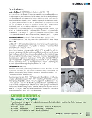 Estudio de casos
Lázaro Cárdenas (1895-1970). Gobernó México entre 1934-1940.
Sugobiernodestacóporllevaracabounareformaagraria,segúnlacualseestablecieron
losejidos(asignacióndetierraagruposdecomunidadesindígenas,aunquelaexplotación
era individual) y por la nacionalización de recursos naturales (petróleo) y de ferrocarriles.
FundóelPartidodelaRevoluciónMexicana(PRM)queaglutinóalmovimientoobrero.
Este partido se transformaría más tarde en el Partido Revolucionario Institucional
(PRI) que monopolizó las elecciones mexicanas presidenciales y parlamentarias
hasta el año 2000, cuando ganó el Partido Acción Nacional (derecha).
El cardenismo es la corriente ideológica que surgió del gobierno de Cárdenas, y que
se basa en la idea de propender a la independencia económica nacional, susten-
tándose en el apoyo del ejército, organizando y subordinando a los trabajadores,
los campesinos e indígenas, pero también integrando a los empresarios y la iglesia.
Juan Domingo Perón (1895-1974) Gobernó entre 1946-1955 y 1973-1974.
Es considerado el político más importante de la historia argentina, por lo menos
del siglo XX.
Fundó, en 1947, el Partido Justicialista (partido actualmente mayoritario), orientado
por la defensa de los trabajadores y muy ligado a los sindicatos y a la central sindical,
la Confederación General del Trabajo.
Sin embargo, durante su segunda presidencia (1952-1955), la popularidad de Perón
comenzóacaer,productodedistintosfactores:elfallecimientodesusegundaesposa,
María Eva Duarte de Perón, base de su popularidad; además, la crisis económica y
el desorden administrativo le granjearon numerosos enemigos y la Iglesia Católica
lo acusó de estar organizando una dictadura civil. Un golpe de Estado militar en
septiembre de 1955 lo obligó a exiliarse y cuando retornó, en 1973 (en medio de
otra crisis económica), volvió a ser elegido por inmensa mayoría. Sin embargo, no
alcanzó a durar mucho en el poder porque falleció en 1974.
Getulio Vargas (1882-1954).
cuatro veces presidente de la República y cuya herencia política es reclamada por
al menos dos partidos políticos brasileños, el Partido DemocráticoTrabalhista (PDT)
y el Partido Trabalhista Brasileiro (PTB).
Durante su largo mandato (1930- 1945),Vargas gobernó apoyándose en las Fuerzas
Armadas. Gobernó de facto entre 1930 y 1934 y entre 1937 y 1945. En 1937, suprimió
el Congreso y a los partidos políticos y tras un autogolpe de Estado, estableció una
Constitución con la cual creó el Estado Novo, dominado por la nacionalización de
los recursos naturales (petróleo), la industrialización (siderúrgica) y la centralización
administrativa (anulando los gobiernos federales del país). En 1945 le hicieron un
golpe de Estado, y tras volver al poder en forma democrática en 1951, las fuerzas
armadas lo volvieron a derrocar, tras lo cual se suicidó.
A continuación te entregamos un conjunto de conceptos relacionados. Debes establecer la relación que existe entre
ellos. Escríbelo en tu cuaderno.
Relación conceptual
A c t i v i d a d
Populismo - Estado
Populismo - Personalismo
Populismo - Movimientos sociales
Populismo - Tercera vía de desarrollo
Populismo - Nacionalismo
Pueblo - Oligarquía
U N I D A D 2
Capítulo 2 / Ibañismo y populismo 81
U2 HISTORIA IIIº MEDIO 2012.indd 81 07-01-13 17:42
 