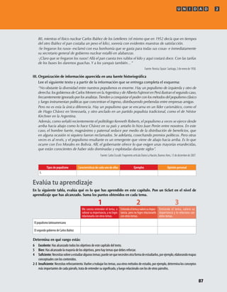 80, mientras el físico nuclear Carlos Ibáñez de los Letelieres (el mismo que en 1952 decía que en tiempos
del otro Ibáñez el pan costaba un peso el kilo), sonreía con evidentes muestras de satisfacción.
-Se fregaron los rusos- exclamó con esa bonhomía que se gasta para todas sus cosas- e inmediatamente
su secretario general de gobierno nuclear estalló en alabanzas.
-¡Claro que se fregaron los rusos! Allá el pan cuesta tres rublos el kilo y aquí costará doce. Con las tarifas
de los buses les daremos guachas. Y a los yanquis también…”
Fuente: Revista Topaze. Santiago, 3 de enero de 1958.
III. Organización de información aparecida en una fuente historiográﬁca
Lee el siguiente texto y a partir de la información que se entrega completa el esquema:
“No obstante la diversidad entre nuestros populismos es enorme. Hay un populismo de izquierda y otro de
derecha:los gobiernos de Carlos Menem en laArgentina y deAlberto Fujimori en Perú ilustran el segundo caso,
frecuentemente ignorado por los analistas.Tienden a conquistar el poder con los métodos del populismo clásico
y luego instrumentan políticas que concentran el ingreso, distribuyendo prebendas entre empresas amigas.
Pero no es esta la única diferencia. Hay un populismo que se encarna en un líder carismático, como el
de Hugo Chávez en Venezuela, y otro anclado en un partido populista tradicional, como el de Néstor
Kirchner en la Argentina.
Además, como señaló recientemente el politólogo Kenneth Roberts, el populismo a veces se ejerce desde
arriba hacia abajo como lo hace Chávez en su país y antaño lo hizo Juan Perón entre nosotros. En este
caso, el hombre fuerte, magnánimo y paternal seduce por medio de la distribución de beneﬁcios, que
en alguna ocasión ni siquiera fueron reclamados. Se adelanta, cosechando premios políticos. Pero otras
veces es al revés, y el populismo resultante es un emergente que viene de abajo hacia arriba. Es lo que
ocurre con Evo Morales en Bolivia. Allí, el gobernante ofrece lo que exigen unas mayorías enardecidas,
que están conscientes de haber sido dominadas y explotadas durante siglos”.
Fuente: Carlos Escudé. Fragmento artículo Diario La Nación, Buenos Aires, 13 de diciembre de 2007.
Tipos de populismo Características de cada uno de ellos Ejemplos Opinión personal
1.
Determina en qué rango estás:
6 Excelente: Has alcanzado todos los objetivos de este capítulo del texto.
5 Bien: Has alcanzado la mayoría de los objetivos, pero hay temas que debes reforzar.
4 :Necesitasvolveraestudiaralgunostemas;puedeserquenecesitesotraformadeestudiarlos,porejemplo,elaborandomapas
conceptuales con los contenidos.
2-3 : Necesitas reforzamiento.Vuelve a trabajar los temas, usa otros métodos de estudio, por ejemplo, determina los conceptos
más importantes de cada párrafo, trata de entender su y luego relaciónalo con los de otros párrafos.
Evalúa tu aprendizaje
En la siguiente tabla, evalúa qué es lo que has aprendido en este capítulo. Pon un ticket en el nivel de
aprendizaje que has alcanzado. Suma los puntos obtenidos en cada tema.
1 2 3
Me cuesta entender el tema, o
valorar su importancia, y no logro
relacionarlo con otros temas.
Entiendoeltemayvalorosuimpor-
tancia, pero no logro relacionarlo
con otros temas.
Entiendo el tema, valoro su
importancia y lo relaciono con
otros temas.
El populismo latinoamericano
El segundo gobierno de Carlos Ibáñez
U N I D A D 2
87
U2 HISTORIA IIIº MEDIO 2012.indd 87 07-01-13 17:42
 