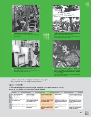 Electrodomésticos de producción nacional, 1970.
Fuente: Filippi, E y Millas, H. Anatomía de un fracaso. La experiencia
socialistaenChile,(1999). Santiago: Zig-Zag.
“Un personaje de leyenda y novela. Es el célebre “Che”
Guevara, médico argentino de 30 años, que fue el estra-
tega de la revolución.Sus soldados lo llaman el“Napoleón
de la Sierra” (1959).
Fuente:AsíLovioZigzag.Recopilación(1985).JaimeMartinez(coordi-
nador editorial). Santiago: Zig Zag.
Esquema de contenidos
En el siguiente esquema conceptual, podrás apreciar la importancia que tienen los con-
tenidos de esta Unidad en la Historia de Chile del siglo XX.
Toma de fundo por campesinos organizados en el Movi-
miento Campesino Revolucionario, 1971.
Fuente: Filippi, E y Millas, H. Anatomía de un fracaso. La experiencia
socialistaenChile,(1999). Santiago: Zig-Zag.
Feria artesanal del Parque Forestal, 1960.
Fuente:NicolásCruzyotros.HistoriadeChileIlustradaII,(2005).Santiago:
Editorial Zig-Zag.
Sociedad
Cultura
EconomíaPolítica
1920- 1938 1938- 1958 1958-1973 1973-1990 1990- 2010
Fin del parlamentarismo y
resurgimiento del
presidencialismo
Gobiernos radicales y
populismo en Chile
LosTresTercios de la política
nacional: derecha, centro e
izquierda
Régimen militar Recuperación de la democracia
y revaloración de los Derechos
Humanos
Crisis del libre mercado y mayor
iniciativa del Estado
Modelo de industrialización
sustitutiva de importaciones
(ISI). Desarrollo y crisis
Grandes reformas estructurales
al ISI: Reforma agraria y nacio-
nalización del cobre
Abandono del modelo ISI y
desarrollo de reformas neoli-
berales: apertura comercial al
exterior
Inserción comercial en un mun-
do globalizado, con reformas
sociales destinadas a reducir
la pobreza
Movimientos sociales: militares,
estudiantes, obreros y mujeres
Sufragio femenino, sindica-
lización, cultura de masas,
urbanización
La revolución de las expecta-
tivas, reforma universitaria, la
Nueva Ola, la Nueva Canción
Chilena
Represión a los movimientos
sociales y violaciones a los
DDHH.
Crisis y reorganización de los
movimientos sociales. Las redes
sociales y las nuevas tecnolo-
gías de comunicación.
1. Describe cada una de las imágenes presentes en esta página.
2. A qué aspectos de la vida del país hacen referencia.
93
U3 HISTORIA IIIº MEDIO 2012.indd 93 08-01-13 17:17
 