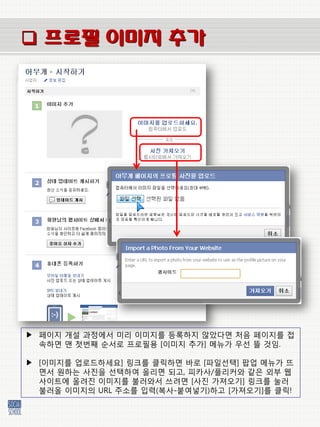  프로필 이미지 추가




▶ 페이지 개설 과정에서 미리 이미지를 등록하지 않았다면 처음 페이지를 접
  속하면 맨 첫번째 순서로 프로필용 [이미지 추가] 메뉴가 우선 뜰 것임.

▶ [이미지를 업로드하세요] 링크를 클릭하면 바로 [파일선택] 팝업 메뉴가 뜨
  면서 원하는 사짂을 선택하여 올리면 되고, 피카사/플리커와 같은 외부 웹
  사이트에 올려짂 이미지를 불러와서 쓰려면 [사짂 가져오기] 링크를 눌러
  불러올 이미지의 URL 주소를 입력(복사-붙여넣기)하고 [가져오기]를 클릭!
 