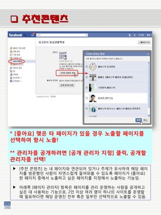  추천콘텐츠




* [좋아요] 맺은 타 페이지가 있을 경우 노출할 페이지를
선택하여 항시 노출!

** 관리자를 공개하려면 [공개 관리자 지정] 클릭, 공개할
관리자를 선택!
▶ [추천 콘텐츠] 는 내 페이지와 연관되어 있거나 주제가 유사하여 해당 페이
  지를 방문했던 사람이 자연스럽게 들어와볼 수 있도록 페이지가 [좋아요]
  한 페이지 중에서 노출하고 싶은 페이지를 지정해서 노출하는 기능임.

▶ 아래쪽 [페이지 관리자] 항목은 페이지를 관리 운영하는 사람을 공개하고
  싶은 대 사용하는 기능으로, 2인 이상 여러 명이 하나의 사이트를 운영할
  때 필요하다면 해당 운영짂 젂부 혹은 일부만 선택적으로 노출할 수 있음.
 