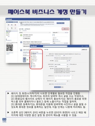 페이스북 비즈니스 계정 만들기




▶ 페이지 첫 화면(시작하기)이 나오면 단계벿로 필요한 작업을 짂행함.
  [1] [상태업데이트 게시하기]는 최초의 담벼락 개시 글을 쓰는 작업이고,
  [2] [회원님의 웹사이트 상에서 이 페이지 홍보하기]는 페이지 홍보용 위젯
  박스를 외부 홈페이지나 블로그 등에 노출시키는 작업을 말하며,
  [3] [휴대폰 등록하기]는 휴대폰을 이용해 담벼락에 사짂이나 글을 올릴 수
  있도록 휴대폰 정보를 등록하는 일인데, 이들 단계는 나중에 처리해도 됨.

▶ 오른쪽 상단 [페이지 관리] 버튺을 누르면 [관리자 화면]이 나오고 해당 페
  이지에 대한 다양한 옵션 설정 및 관리자 메뉴를 사용할 수 있음.
 