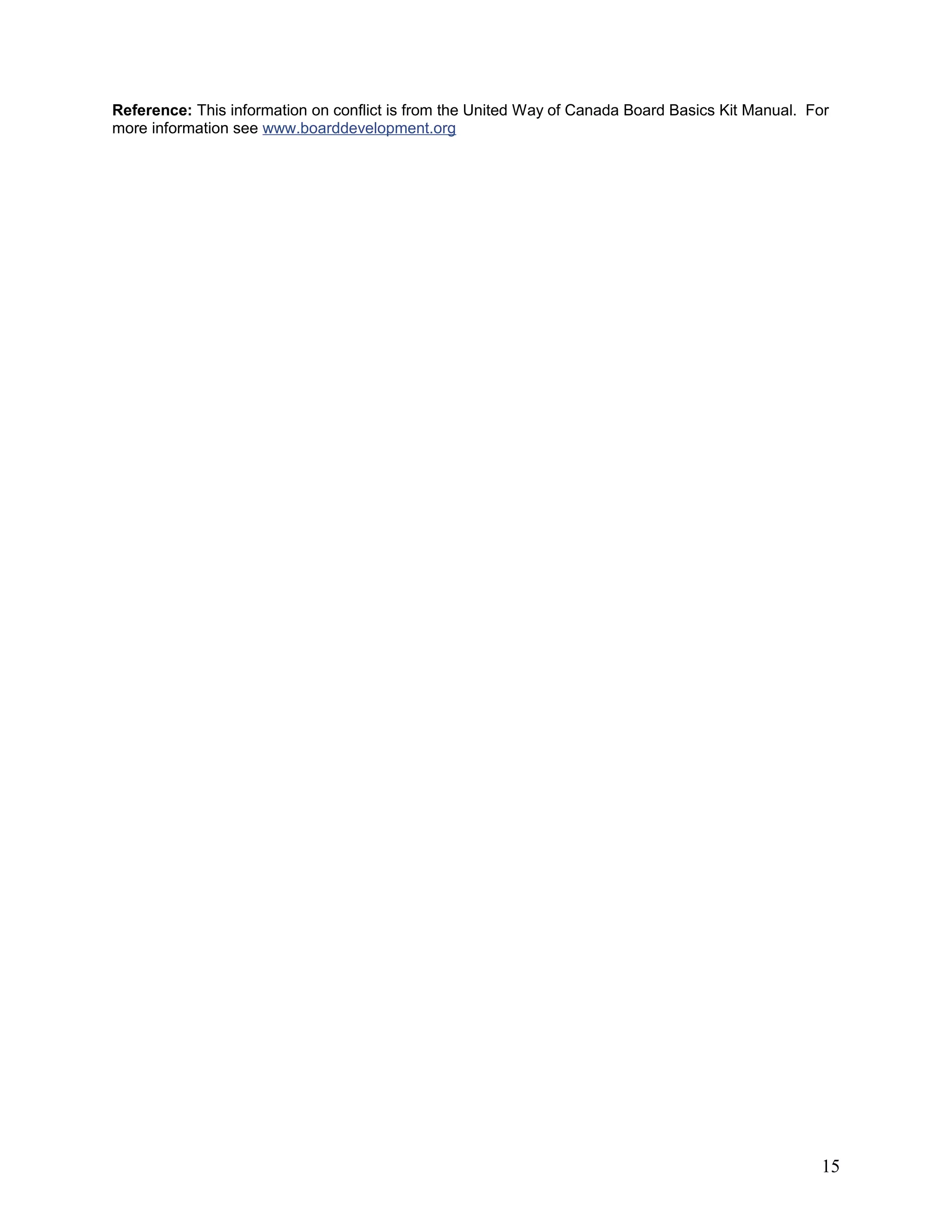 Reference: This information on conflict is from the United Way of Canada Board Basics Kit Manual. For
more information see www.boarddevelopment.org
15
 