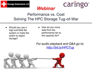 Performance vs. Cost
Solving The HPC Storage Tug-of-War
Webinar
● Should you use a
high end NAS file
system or make the
switch to object
storage?
● How do you move
data from the
performance tier to
the capacity tier?
For audio playback and Q&A go to:
http://bit.ly/HPCTug
 
