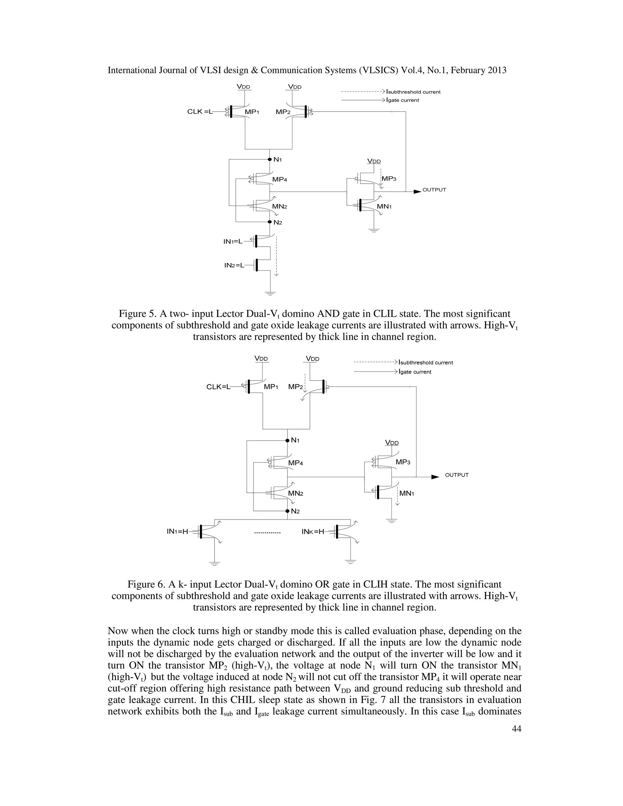 International Journal of VLSI design & Communication Systems (VLSICS) Vol.4, No.1, February 2013
44
Figure 5. A two- input Lector Dual-Vt domino AND gate in CLIL state. The most significant
components of subthreshold and gate oxide leakage currents are illustrated with arrows. High-Vt
transistors are represented by thick line in channel region.
Figure 6. A k- input Lector Dual-Vt domino OR gate in CLIH state. The most significant
components of subthreshold and gate oxide leakage currents are illustrated with arrows. High-Vt
transistors are represented by thick line in channel region.
Now when the clock turns high or standby mode this is called evaluation phase, depending on the
inputs the dynamic node gets charged or discharged. If all the inputs are low the dynamic node
will not be discharged by the evaluation network and the output of the inverter will be low and it
turn ON the transistor MP2 (high-Vt), the voltage at node N1 will turn ON the transistor MN1
(high-Vt) but the voltage induced at node N2 will not cut off the transistor MP4 it will operate near
cut-off region offering high resistance path between VDD and ground reducing sub threshold and
gate leakage current. In this CHIL sleep state as shown in Fig. 7 all the transistors in evaluation
network exhibits both the Isub and Igate leakage current simultaneously. In this case Isub dominates
 