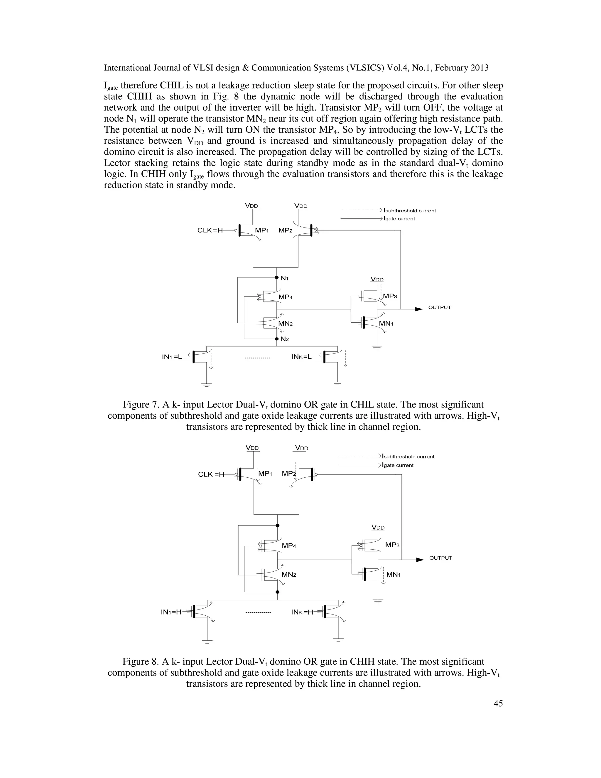 International Journal of VLSI design & Communication Systems (VLSICS) Vol.4, No.1, February 2013
45
Igate therefore CHIL is not a leakage reduction sleep state for the proposed circuits. For other sleep
state CHIH as shown in Fig. 8 the dynamic node will be discharged through the evaluation
network and the output of the inverter will be high. Transistor MP2 will turn OFF, the voltage at
node N1 will operate the transistor MN2 near its cut off region again offering high resistance path.
The potential at node N2 will turn ON the transistor MP4. So by introducing the low-Vt LCTs the
resistance between VDD and ground is increased and simultaneously propagation delay of the
domino circuit is also increased. The propagation delay will be controlled by sizing of the LCTs.
Lector stacking retains the logic state during standby mode as in the standard dual-Vt domino
logic. In CHIH only Igate flows through the evaluation transistors and therefore this is the leakage
reduction state in standby mode.
Figure 7. A k- input Lector Dual-Vt domino OR gate in CHIL state. The most significant
components of subthreshold and gate oxide leakage currents are illustrated with arrows. High-Vt
transistors are represented by thick line in channel region.
Figure 8. A k- input Lector Dual-Vt domino OR gate in CHIH state. The most significant
components of subthreshold and gate oxide leakage currents are illustrated with arrows. High-Vt
transistors are represented by thick line in channel region.
 