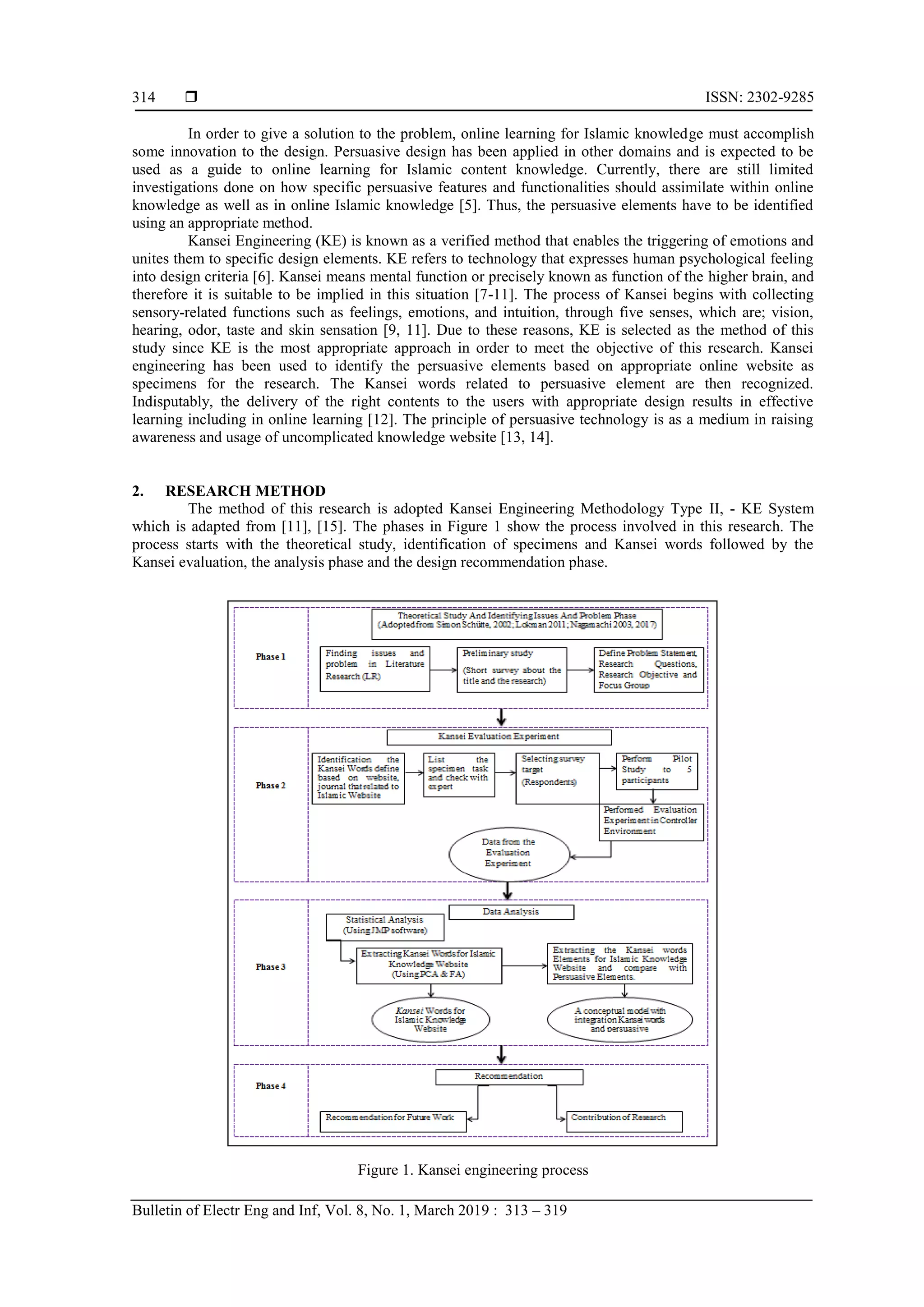  ISSN: 2302-9285
Bulletin of Electr Eng and Inf, Vol. 8, No. 1, March 2019 : 313 – 319
314
In order to give a solution to the problem, online learning for Islamic knowledge must accomplish
some innovation to the design. Persuasive design has been applied in other domains and is expected to be
used as a guide to online learning for Islamic content knowledge. Currently, there are still limited
investigations done on how specific persuasive features and functionalities should assimilate within online
knowledge as well as in online Islamic knowledge [5]. Thus, the persuasive elements have to be identified
using an appropriate method.
Kansei Engineering (KE) is known as a verified method that enables the triggering of emotions and
unites them to specific design elements. KE refers to technology that expresses human psychological feeling
into design criteria [6]. Kansei means mental function or precisely known as function of the higher brain, and
therefore it is suitable to be implied in this situation [7-11]. The process of Kansei begins with collecting
sensory-related functions such as feelings, emotions, and intuition, through five senses, which are; vision,
hearing, odor, taste and skin sensation [9, 11]. Due to these reasons, KE is selected as the method of this
study since KE is the most appropriate approach in order to meet the objective of this research. Kansei
engineering has been used to identify the persuasive elements based on appropriate online website as
specimens for the research. The Kansei words related to persuasive element are then recognized.
Indisputably, the delivery of the right contents to the users with appropriate design results in effective
learning including in online learning [12]. The principle of persuasive technology is as a medium in raising
awareness and usage of uncomplicated knowledge website [13, 14].
2. RESEARCH METHOD
The method of this research is adopted Kansei Engineering Methodology Type II, - KE System
which is adapted from [11], [15]. The phases in Figure 1 show the process involved in this research. The
process starts with the theoretical study, identification of specimens and Kansei words followed by the
Kansei evaluation, the analysis phase and the design recommendation phase.
Figure 1. Kansei engineering process
 