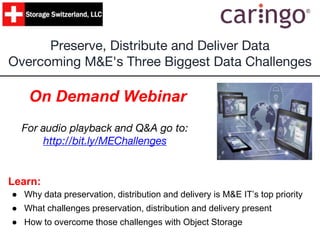 Preserve, Distribute and Deliver Data
Overcoming M&E's Three Biggest Data Challenges
On Demand Webinar
Learn:
● Why data preservation, distribution and delivery is M&E IT’s top priority
● What challenges preservation, distribution and delivery present
● How to overcome those challenges with Object Storage
For audio playback and Q&A go to:
http://bit.ly/MEChallenges
 