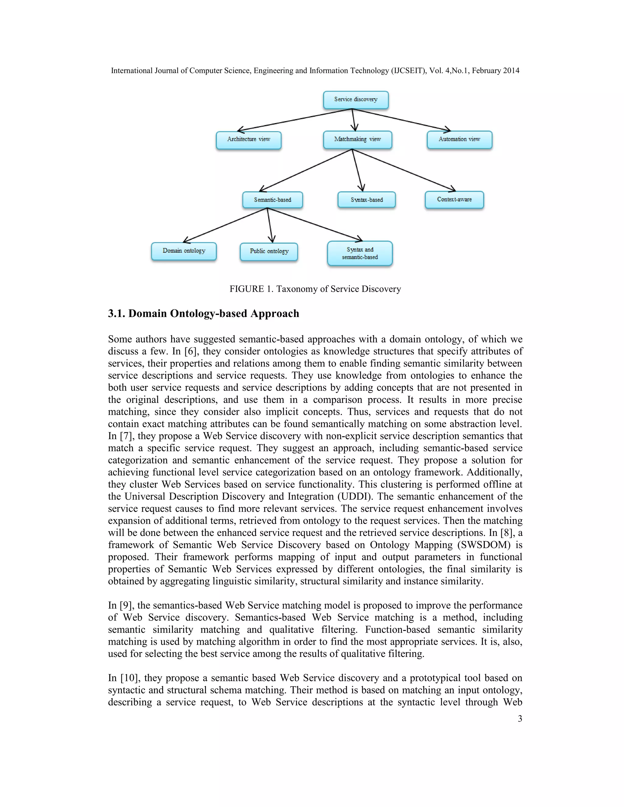 International Journal of Computer Science, Engineering and Information Technology (IJCSEIT), Vol. 4,No.1, February 2014
3
FIGURE 1. Taxonomy of Service Discovery
3.1. Domain Ontology-based Approach
Some authors have suggested semantic-based approaches with a domain ontology, of which we
discuss a few. In [6], they consider ontologies as knowledge structures that specify attributes of
services, their properties and relations among them to enable finding semantic similarity between
service descriptions and service requests. They use knowledge from ontologies to enhance the
both user service requests and service descriptions by adding concepts that are not presented in
the original descriptions, and use them in a comparison process. It results in more precise
matching, since they consider also implicit concepts. Thus, services and requests that do not
contain exact matching attributes can be found semantically matching on some abstraction level.
In [7], they propose a Web Service discovery with non-explicit service description semantics that
match a specific service request. They suggest an approach, including semantic-based service
categorization and semantic enhancement of the service request. They propose a solution for
achieving functional level service categorization based on an ontology framework. Additionally,
they cluster Web Services based on service functionality. This clustering is performed offline at
the Universal Description Discovery and Integration (UDDI). The semantic enhancement of the
service request causes to find more relevant services. The service request enhancement involves
expansion of additional terms, retrieved from ontology to the request services. Then the matching
will be done between the enhanced service request and the retrieved service descriptions. In [8], a
framework of Semantic Web Service Discovery based on Ontology Mapping (SWSDOM) is
proposed. Their framework performs mapping of input and output parameters in functional
properties of Semantic Web Services expressed by different ontologies, the final similarity is
obtained by aggregating linguistic similarity, structural similarity and instance similarity.
In [9], the semantics-based Web Service matching model is proposed to improve the performance
of Web Service discovery. Semantics-based Web Service matching is a method, including
semantic similarity matching and qualitative filtering. Function-based semantic similarity
matching is used by matching algorithm in order to find the most appropriate services. It is, also,
used for selecting the best service among the results of qualitative filtering.
In [10], they propose a semantic based Web Service discovery and a prototypical tool based on
syntactic and structural schema matching. Their method is based on matching an input ontology,
describing a service request, to Web Service descriptions at the syntactic level through Web
 