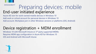 MANAGEABILITY
Preparing devices: mobile
Azure AD Join for work-owned mobile devices in Windows 10
Add work or school account for personal devices in Windows 10
Add account, Workplace join in other Windows versions or platforms (iOS, Android)
Windows 10 with Microsoft Intune or 3rd party supported MDMs
Requires MDM app configuration in Azure AD for Windows 10
iOS and Android with Microsoft Intune
 