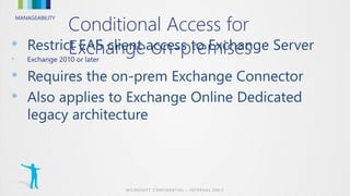 MANAGEABILITY
Conditional Access for
Exchange on-premises•
• Exchange 2010 or later
•
•
 