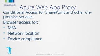 MANAGEABILITY
Azure Web App Proxy
•
•
•
 