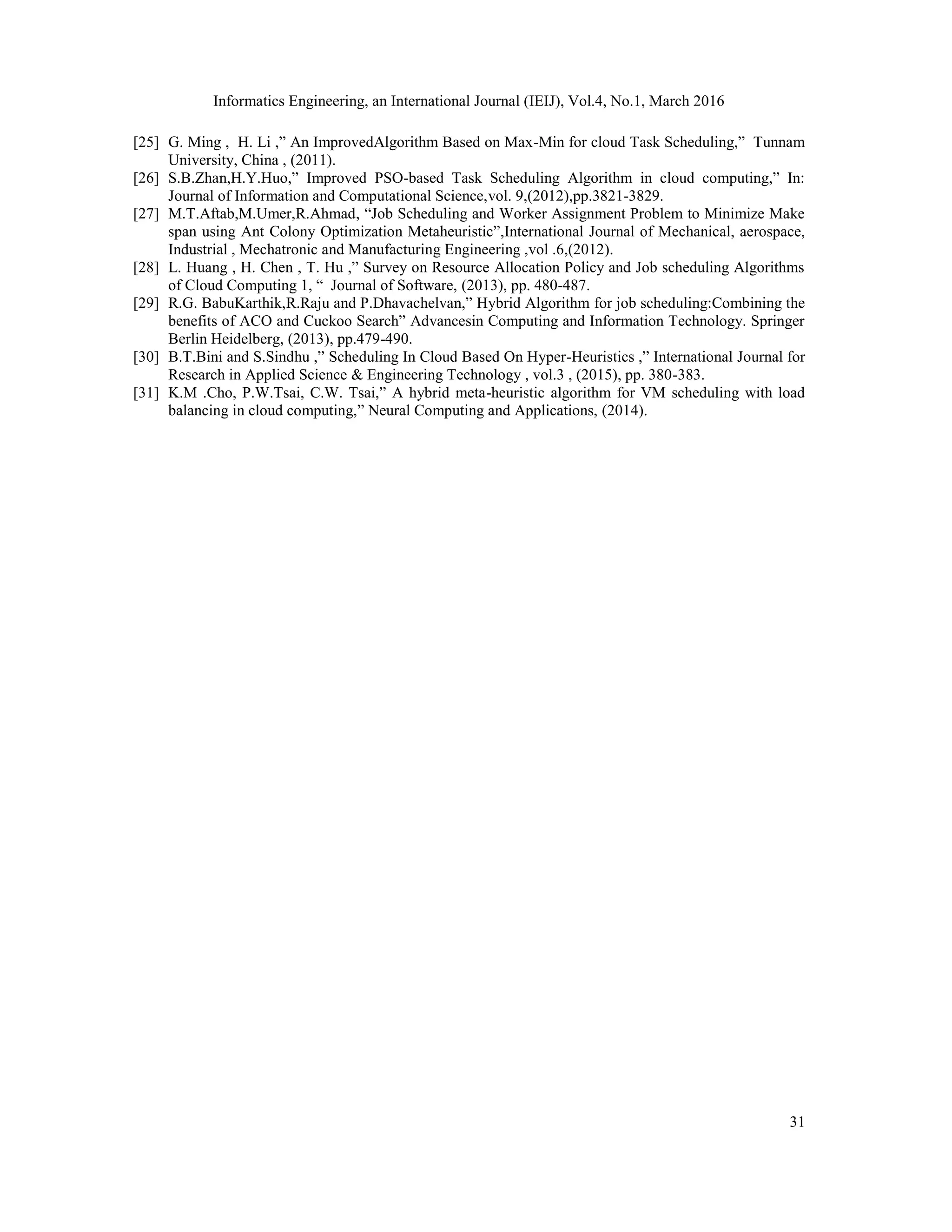 Informatics Engineering, an International Journal (IEIJ), Vol.4, No.1, March 2016
31
[25] G. Ming , H. Li ,” An ImprovedAlgorithm Based on Max-Min for cloud Task Scheduling,” Tunnam
University, China , (2011).
[26] S.B.Zhan,H.Y.Huo,” Improved PSO-based Task Scheduling Algorithm in cloud computing,” In:
Journal of Information and Computational Science,vol. 9,(2012),pp.3821-3829.
[27] M.T.Aftab,M.Umer,R.Ahmad, “Job Scheduling and Worker Assignment Problem to Minimize Make
span using Ant Colony Optimization Metaheuristic”,International Journal of Mechanical, aerospace,
Industrial , Mechatronic and Manufacturing Engineering ,vol .6,(2012).
[28] L. Huang , H. Chen , T. Hu ,” Survey on Resource Allocation Policy and Job scheduling Algorithms
of Cloud Computing 1, “ Journal of Software, (2013), pp. 480-487.
[29] R.G. BabuKarthik,R.Raju and P.Dhavachelvan,” Hybrid Algorithm for job scheduling:Combining the
benefits of ACO and Cuckoo Search” Advancesin Computing and Information Technology. Springer
Berlin Heidelberg, (2013), pp.479-490.
[30] B.T.Bini and S.Sindhu ,” Scheduling In Cloud Based On Hyper-Heuristics ,” International Journal for
Research in Applied Science & Engineering Technology , vol.3 , (2015), pp. 380-383.
[31] K.M .Cho, P.W.Tsai, C.W. Tsai,” A hybrid meta-heuristic algorithm for VM scheduling with load
balancing in cloud computing,” Neural Computing and Applications, (2014).
 