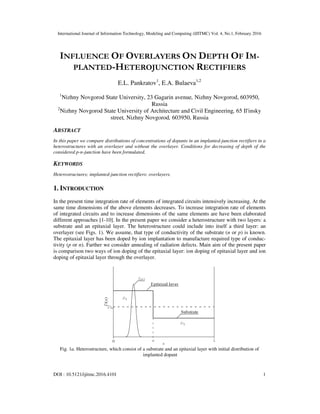 International Journal of Information Technology, Modeling and Computing (IJITMC) Vol. 4, No.1, February 2016
DOI : 10.5121/ijitmc.2016.4101 1
INFLUENCE OF OVERLAYERS ON DEPTH OF IM-
PLANTED-HETEROJUNCTION RECTIFIERS
E.L. Pankratov1
, E.A. Bulaeva1,2
1
Nizhny Novgorod State University, 23 Gagarin avenue, Nizhny Novgorod, 603950,
Russia
2
Nizhny Novgorod State University of Architecture and Civil Engineering, 65 Il'insky
street, Nizhny Novgorod, 603950, Russia
ABSTRACT
In this paper we compare distributions of concentrations of dopants in an implanted-junction rectifiers in a
heterostructures with an overlayer and without the overlayer. Conditions for decreasing of depth of the
considered p-n-junction have been formulated.
KEYWORDS
Heterostructures; implanted-junction rectifiers: overlayers.
1. INTRODUCTION
In the present time integration rate of elements of integrated circuits intensively increasing. At the
same time dimensions of the above elements decreases. To increase integration rate of elements
of integrated circuits and to increase dimensions of the same elements are have been elaborated
different approaches [1-10]. In the present paper we consider a heterostructure with two layers: a
substrate and an epitaxial layer. The heterostructure could include into itself a third layer: an
overlayer (see Figs. 1). We assume, that type of conductivity of the substrate (n or p) is known.
The epitaxial layer has been doped by ion implantation to manufacture required type of conduc-
tivity (p or n). Farther we consider annealing of radiation defects. Main aim of the present paper
is comparison two ways of ion doping of the epitaxial layer: ion doping of epitaxial layer and ion
doping of epitaxial layer through the overlayer.
Fig. 1a. Heterostructure, which consist of a substrate and an epitaxial layer with initial distribution of
implanted dopant
 