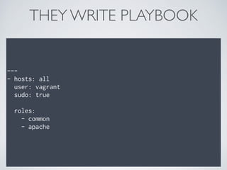 THEY WRITE PLAYBOOK
---
- hosts: all
user: vagrant
sudo: true
roles:
- common
- apache
 