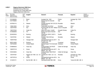 4.002.1 Digging Attachment 0692-Xxxx
Arbeitseinrichtung 0692-Xxxx
Equipement De Travail 0692-Xxxx
Digging Attachment 0692-Xxxx
Item
Position
Posición
Part number
Teilenummer
Numéro de pièces
Número de la pieza
Anzahl
Qty.
Quant
El núm.
English Deutsch Français Español
Remarks
Bemerkungen
Remarque
Observación
1 0191606202 1 Boom Ausleger Kpl. Tc35 Fleche Ausleger Kpl. Tc35
2 0197706050 1 Pin Bolzen Kpl.4-Kt Verzinkt
40x252
Axe Pin
3 6197603115 2 Washer Scheibe Verzinkt 1541 St12.03
D40x70x2,5
Rondelle Washer
4 1309412924 2 Shim Passcheibe 40,2x70x2 Rondelle Shim
5 1220707834 1 Nut Kronenmutter Din 979 - M39x3
- 05 - A3c
Ecrou A Goupille Nut
6 1395707832 1 Cotter Pin Splint 94 St.Verz. 6,3x63 Goupille Fendue Cotter Pin
7 0144908055 2 Pin Bolzen Kpl.Fahne Verzinkt
35x188
Axe Pin
8 0333023033 2 Bushing Distanzrohr 2391/C St37.4
20x3,5x7
Douille Bushing
9 1343707061 2 Washer Scheibe 7349 St37verz
13x30x6
Rondelle Washer
10 1008707829 2 Hexagon Bolt Sechskantschraube Iso 4017 -
M12x30- 8.8 - A3c
Vis Hexagon Bolt
11 5557210002 2 Bushing Lagerbuchse Coussinet Bushing
12 1607003006 1 Grease Nipple Schmiernippel 71412 Schneidf.
M6x1
Graisseur Grease Nipple
13 0188906035 1 Hose Clip Schlauchhalter Pa/15%Gf
70x160 N.Zchng.
Collier De Serrage Hose Clip
15 1008707319 2 Screw Sechskantschraube Iso 4017 -
M8x45 - 8.8 - A2c
Vis Screw
16 0198106054 4 Hose Clip Schlauchhalter Pa6/15%Gf
N.Zchng.
Collier De Serrage Hose Clip
17 1343707057 1 Washer Din 7349 - 8,4 - St
- A3c
Scheibe Din 7349 - 8,4 - St -
A3c
Rondelle Arandela Din 7349 -
8,4 - St - A3c
18 1007707519 4 Screw Sechskantschraube Iso 4014 -
M8x50 - 8.8 - A2c
Vis Screw
19 1212251011 1 Nut Din 985 - M8 - 8 Sechskantmutter 985 8 M8 Ecrou Tuerca Din 985 - M8 - 8
Illustrated Parts Catalog
TC0035 0557 - XXXX
09-January-2014
Page 105
 