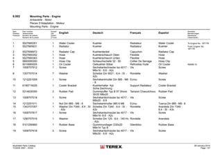 6.002 Mounting Parts - Engine
Anbauteile - Motor
Pieces D’Adaptation - Moteur
Mounting Parts - Engine
Item
Position
Posición
Part number
Teilenummer
Numéro de pièces
Número de la pieza
Anzahl
Qty.
Quant
El núm.
English Deutsch Français Español
Remarks
Bemerkungen
Remarque
Observación
1 5527665351 1 Water Cooler Kuehler Radiateur Water Cooler To Engine No. 187178
1 5527665631 1 Radiator Kuehler Radiateur Kuehler From Engine No.
187179
2 5527658972 1 Radiator Cap Kuehlerdeckel Capuchon Radiator Cap
3 5527665352 1 Hose Kuehlerschlauch Oben Flexible Hose
4 5527665363 1 Hose Kuehlerschlauch Unten Flexible Hose
5 5660095300 1 Hose Clip Schlauchschelle 32 - 50 Collier De Serrage Hose Clip
6 5010680005 1 Oil Cooler Oelkuehler 50bar Refroidiss Huile Oil Cooler Ä8499-10
7 1008707912 1 Screw Sechskantschraube Iso 4017 -
M6x16 - 8.8 - A2c
Vis Screw
8 1307707014 7 Washer Scheibe Din 9021 - 6,4 - St -
A2c
Rondelle Washer
10 1212251009 1 Screw Sechskantmutter Din 985 - M6
- 8
Ecrou Screw
11 6190715035 1 Cooler Bracket Kuehlerhalter Kpl.
Schw.Zeichnung
Support Radiateur Cooler Bracket
12 5314639355 2 Rubber Pad Gummipuffer Typ B 57 Shore
30/20 M8x20
Tampon Chaoutchouc Rubber Pad
13 1008707018 1 Screw Sechskantschraube Iso 4017 -
M8x20 - 8.8
Vis Screw
14 1212251011 1 Nut Din 985 - M8 - 8 Sechskantmutter 985 8 M8 Ecrou Tuerca Din 985 - M8 - 8
15 1343707057 1 Washer Din 7349 - 8,4 - St
- A3c
Scheibe Din 7349 - 8,4 - St -
A3c
Rondelle Arandela Din 7349 -
8,4 - St - A3c
16 1008707817 1 Screw Sechskantschraube Iso 4017 -
M8x16- 8.8 - A2c
Vis Screw
17 1290707018 1 Washer Scheibe Din 125 - 8,4 - 140 Hv
- A2c
Rondelle Arandela
18 5101290860 1 Rubber Base Gummirundlager D30x20
M8x14 Typ B
Silentbloc Rubber Base
19 1008707618 3 Screw Sechskantschraube Iso 4017 -
M8x30 - 8.8 - A2c
Vis Screw
Illustrated Parts Catalog
TC0035 0557 - XXXX
09-January-2014
Page 137
 