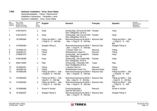 7.003 Hydraulic Installation - Drive, Dozer Blade
Hydraulikinstallation - Fahren, Raeumschild
Installation Hydraulique - Translation, Lame
Hydraulic Installation - Drive, Dozer Blade
Item
Position
Posición
Part number
Teilenummer
Numéro de pièces
Número de la pieza
Anzahl
Qty.
Quant
El núm.
English Deutsch Français Español
Remarks
Bemerkungen
Remarque
Observación
1 4190100374 2 Hose Schlauchltg. 2st-Cnw10x1000
Dko-12l90g/Dko-12l M.G.
Flexible Hose
2 4192100375 4 Hose Schlauchltg. 2st-Cnw12x1000
Dko-15l90g/Dko-15l M.G.
Flexible Hose
3 1915060264 4 Fitting Iso 8434-1 - Sds -
L15xg1/2 - E - 400 Bar
Rohrverschraubung Iso 8434-1
- Sds - L15xg1/2 - E - 400 Bar
Raccord Ges Fitting Iso 8434-1 - Sds
- L15xg1/2 - E - 400
Bar
4 1915060260 2 Straight Fitting G Rohrverschraubung Iso 8434-1
- Sds - L12xg1/4 - E - 400 Bar
Raccord Ges Straight Fitting G
5 1919060153 1 Fitting T-Stutzen Etsd 12-L Raccord Fitting
6 1924060151 1 Fitting Winkelstutzen Ewsd 8-L Raccord Fitting
7 4158087373 1 Hose Schlauchltg. 2st-Cnw8x870
Dko-10l90g/Dko-10l
Flexible Hose
8 4158108366 1 Hose Schlauchltg. 2st-Cnw8x1080
Dko-10l45g/Dko-10l M.G
Flexible Hose
9 4506116208 2 Pipe Schlauchltg. Pilotnw6x1160
Dkor1/4z90g/Dko-8l M.G.
Tuyau Pipe
10 1919060351 1 Fitting L-Stutzen Elsd 8-L Raccord Fitting
11 1924060152 2 Fitting Winkelstutzen Ewsd 10-L Raccord Ewsd Fitting
12 1915060258 1 Fitting Iso 8434-1 - Sds -
L10xg3/8 - E - 400 Bar
Rohrverschraubung Iso 8434-1
- Sds - L10xg3/8 - E - 400 Bar
Raccord Ges Fitting Iso 8434-1 - Sds
- L10xg3/8 - E - 400
Bar
13 1915060255 3 Fitting Iso 8434-1 - Sds -
L8xg1/4 - E - 400 Bar
Rohrverschraubung Iso 8434-1
- Sds - L8xg1/4 - E - 400 Bar
Raccord Ges Fitting Iso 8434-1 - Sds
- L8xg1/4 - E - 400 Bar
14 1915060264 4 Fitting Iso 8434-1 - Sds -
L15xg1/2 - E - 400 Bar
Rohrverschraubung Iso 8434-1
- Sds - L15xg1/2 - E - 400 Bar
Raccord Ges Fitting Iso 8434-1 - Sds
- L15xg1/2 - E - 400
Bar
15 1915060488 1 Screw-In Socket Einschraubstutzen
Ges10lr-Wd-Drb3,0
Raccord Screw-In Socket
16 1915060257 1 Straight Fitting G Rohrverschraubung Iso 8434-1
- Sds - L10xg1/4 - E - 400 Bar
Raccord Ges Straight Fitting G
Illustrated Parts Catalog
TC0035 0557 - XXXX
09-January-2014
Page 157
 