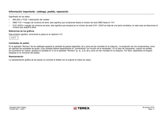 Información importante: catálogo, pedido, reparación
Significado de los datos:
• MHL320 o TC25 = descripción del modelo
• 0965-1141 = margen de números de serie; esto significa que comprende desde el número de serie 0965 hasta el 1141
• 0101-XXXX = margen de números de serie; esto significa que empieza en el número de serie 0101, XXXX se trata de una serie correlativa, en este caso se desconoce el
número que acaba la serie.
Referencias de los gráficos
Este símbolo significa: encontrará la pieza en el capítulo 4.10.
Cantidades de pedido
En el apartado "Número" de los catálogos aparece la cantidad de piezas específica, tal y como se han montado en la máquina. La excepción son los componentes, como
por ejemplo las arandelas de ajuste, cuya cantidad deberá especificarse en "comentarios" (en función de la necesidad). En el caso de mangueras, cuando los perfiles
se suministran en metros, aparece la cantidad en m en el apartado "Número" (p. ej., 2,5), tal y como se han montado en la máquina. Por favor, especifique la longitud
deseada en el momento del pedido.
Representación
La representación gráfica de las piezas no coincide al detalle con el original en todos los casos.
Illustrated Parts Catalog
TC0035 0557 - XXXX
09-January-2014
Page 17
 