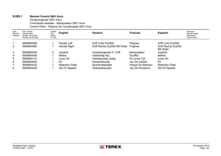8.006.1 Remote Control 0901-Xxxx
Vorsteuergeraet 0901-Xxxx
Commande Assistee - Manipulateur 0901-Xxxx
Control Piloto - Palanca De Coordenadas 0901-Xxxx
Item
Position
Posición
Part number
Teilenummer
Numéro de pièces
Número de la pieza
Anzahl
Qty.
Quant
El núm.
English Deutsch Français Español
Remarks
Bemerkungen
Remarque
Observación
1 5606664586 1 Handle Left Griff Links Ec2000 Poignee Griff Links Ec2000
2 5606664585 1 Handle Right Griff Rechts Ec2000 Mit Roller Poignee Griff Rechts Ec2000
Mit Roller
3 5606665029 2 Joystick Vorsteuergeraet O. Griff Manipulateur Joystick
4 5606664456 1 Bellow Faltenbalg Kpl. Soufflet Bellow
5 5606664110 1 Lever Kit Hebelbausatz,Gebg. Kit Levier Cpl. Lever Kit
6 5606664005 1 Kit Kardanbausatz Jeu De Cardan Kit
7 5606664422 1 Retention Plate Rueckhalteplatte Plaque De Maintien Retention Plate
8 5606664436 1 Set Of Tappets Stoesselbausatz Jeu De Poussoirs Set Of Tappets
Illustrated Parts Catalog
TC0035 0557 - XXXX
09-January-2014
Page 193
 