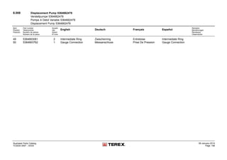 8.008 Displacement Pump 5364662478
Verstellpumpe 5364662478
Pompe A Debit Variable 5364662478
Displacement Pump 5364662478
Item
Position
Posición
Part number
Teilenummer
Numéro de pièces
Número de la pieza
Anzahl
Qty.
Quant
El núm.
English Deutsch Français Español
Remarks
Bemerkungen
Remarque
Observación
49 5364663081 2 Intermediate Ring Zwischenring Entretoise Intermediate Ring
50 5364663762 1 Gauge Connection Messanschluss Prise De Pression Gauge Connection
Illustrated Parts Catalog
TC0035 0557 - XXXX
09-January-2014
Page 198
 