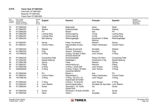 8.010 Travel Gear 5712661820
Fahrmotor 5712661820
Reducter 5712661820
Travel Gear 5712661820
Item
Position
Posición
Part number
Teilenummer
Numéro de pièces
Número de la pieza
Anzahl
Qty.
Quant
El núm.
English Deutsch Français Español
Remarks
Bemerkungen
Remarque
Observación
34 5712662325 1 Shaft Motorwelle Arbre Shaft
36 5712662327 2 Washer Kolbenscheibe Rondelle Washer
37 5712662328 1 Pin Bolzen Axe Pin
38 5712662329 1 Locking Ring Sicherungsring Circlip Locking Ring
39 5712662307 2 Locking Ring Sicherungsring Circlip Locking Ring
40 5712662330 1 Ball Bearing Rillenkugellager Roulement A Billes
Rainure
Rillenkugellager
41 5712662351 2 Spring Feder, Druckventil Ressort Spring
42 5712662331 1 Control Piston Steuerkolben,Druckv
entil
Piston Distributeur Control Piston
43 5712662332 2 Washer Scheibe,Druckventil Rondelle Washer
44 5712662333 2 Plug Verschl. Schraube L Bouchon Plug
45 1971956238 2 O-Ring O-Ring 123-830 9 90sh
29,82x2,62x35,06
Joint Torique O-Ring
46 5712662334 1 Connecting Plate Anschlussplatte Plaque De Racc. Connecting Plate
47 5712662335 1 Needle Bearing Nadellager L Roulement A Aig Needle Bearing
48 5712662188 1 Spring Feder Ressort Spring
49 5712662337 1 Fitting Verschraubung L Raccord Fitting
50 5712662338 2 O-Ring O-Ring L 24or6-206 Joint Torique O-Ring
51 5364656209 2 O-Ring O-Ring 10,82x1,78 90sh
Hydromat 086332
Joint Torique O-Ring
53 5712662340 2 Pin Bolzen L Axe Pin
54 5712662341 1 Control Piston Steuerkolben L Piston Distributeur Control Piston
55 1971956146 1 O-Ring O-Ring 120,37x1,78
Hydromatik 09157881
Joint Torigue O-Ring
56 5712662342 2 O Ring O-Ring L 15,34x2,62 Joint Torique O Ring
57 5712662343 6 Lock Washer Sicherungsscheibe L Rondelle De Securitee Lock Washer
58 5712662344 6 Screw Schraube L M 10x25
22tcek1025
Vis Screw
59 5712662345 4 Screw Schraube L M 8x40 22m840 Vis Screw
60 5712662346 1 Valve Ventil L Soupape Valve
Illustrated Parts Catalog
TC0035 0557 - XXXX
09-January-2014
Page 204
 