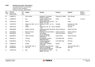 9.003 Working Flood Light, Yellow Beacon
Arbeitsscheinwerfer, Rundumleuchte
Phare De Travail, Girophare
Working Flood Light, Yellow Beacon
Item
Position
Posición
Part number
Teilenummer
Numéro de pièces
Número de la pieza
Anzahl
Qty.
Quant
El núm.
English Deutsch Français Español
Remarks
Bemerkungen
Remarque
Observación
26 0186860110 1 Wire Harness Kabelbaum Schutzdach
Rundum- Leuchte
Faisceau De Cables Wire Harness
27 0186860015 1 Clip Lasche Verzinkt 10029
S355mc 6x50x106
Collier Clip Schutzdach
28 1008707618 1 Screw Sechskantschraube Iso 4017 -
M8x30 - 8.8 - A2c
Vis Screw
29 1343707057 1 Washer Din 7349 - 8,4 - St
- A3c
Scheibe Din 7349 - 8,4 - St -
A3c
Rondelle Arandela Din 7349 -
8,4 - St - A3c
30 1290707018 1 Washer Scheibe Din 125 - 8,4 - 140 Hv
- A2c
Rondelle Arandela
31 5653095596 1 Rubber Grommet Gummituelle Da80-100-40 Ses
2520031010
Gaine Caoutchouc Rubber Grommet
32 0187759010 1 Beacon Harness Kabelbaum Runduml.Kabine Faisceau Electriqu Beacon Harness
33 5653095540 1 Grommet Gummituelle
Da110/140/20/10,5
Gaine Caoutchouc Grommet
34 5350246610 1 Cable Connector Ringzunge M8 Blau
8781353128
Cosse Ronde Cable Connector
35 5350247311 1 Flat Plug Flachstecker 6,3 Blank
8k8kw048156-801
Fiche Male Plate Flat Plug
36 5350249534 1 Flat Plug Flachsteckergehaeus
e 2polig 180924/0
Fiche Male Plate Flat Plug
38 0186860103 1 Bracket Halter 10025 S355j2g3
6x105x224
Support Bracket
39 1212251011 2 Nut Din 985 - M8 - 8 Sechskantmutter 985 8 M8 Ecrou Tuerca Din 985 - M8 - 8
40 5350650260 3 Wire Clip Kabel-Clip Selbstkleb.
Kst-Sk-30x25mm 0502702
Fixat.Cable Wire Clip
41 1062707618 2 Bolt Senkschraube Din 7991 -
M8x30 - 8.8 - A2c
Vis Bolt
Illustrated Parts Catalog
TC0035 0557 - XXXX
09-January-2014
Page 236
 
