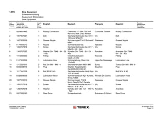 1.005 Slew Equipment
Schwenkeinrichtung
Équipement D́Orientation
Slew Equipment
Item
Position
Posición
Part number
Teilenummer
Numéro de pièces
Número de la pieza
Anzahl
Qty.
Quant
El núm.
English Deutsch Français Español
Remarks
Bemerkungen
Remarque
Observación
1 5609661440 1 Rotary Connection Drehkranz I.1.064-726 Mrif
Ral7043 Verk.Grau At=805
Couronne Dorient Rotary Connection
2 1007907031 1 Bolt Sechskantschraube Iso 4014
10.9verz M12x70
Vis Bolt
3 1607003006 1 Grease Nipple Schmiernippel 71412 Schneidf.
M6x1
Graisseur Grease Nipple
6 0176006010 1 Nozzle Schmierduese Kpl. Injecteur Nozzle
7 1008707818 1 Screw Sechskantschraube Iso 4017 -
M8x35- 8.8 - A2c
Vis Screw
8 1343707057 1 Washer Din 7349 - 8,4 - St
- A3c
Scheibe Din 7349 - 8,4 - St -
A3c
Rondelle Arandela Din 7349 -
8,4 - St - A3c
9 1915060553 2 Fitting Einschraubstutzen
Ges6-Lm-Wd
Raccord Fitting
13 0187505536 1 Lubrication Line Schmierleitung Oben Kpl.
12x3x90
Ligne De Graissage Lubrication Line
14 1212251011 2 Nut Din 985 - M8 - 8 Sechskantmutter 985 8 M8 Ecrou Tuerca Din 985 - M8 - 8
16 5558248119 3 Plug Stopfen Kegelstopfen
Gpn600b300 D30-32
Bouchon Plug
18 1017341036 6 Bolt M14 X 40 Sechskantschraube Verb.Ripp
10.9 M14x40
Vis Bolt M14 X 40
19 0330009005 1 Lubrication Hose Schmierschlauch Kpl. Kunstst.
8,4x2,1x800
Flexible De Graiss Lubrication Hose
20 1607010010 1 Grease Nipple Schmiernippel 71412
Norm.Gew.M10x1 Gerade
Graisseur Grease Nipple
21 1008707318 1 Screw Sechskantschraube Iso 4017 -
M8x25 - 8.8 - A2c
Vis Screw
22 1290707018 1 Washer Scheibe Din 125 - 8,4 - 140 Hv
- A2c
Rondelle Arandela
23 5527665180 1 Slew Drive Schwenkantrieb Entrainem D Orient Slew Drive
Illustrated Parts Catalog
TC0035 0557 - XXXX
09-January-2014
Page 23
 