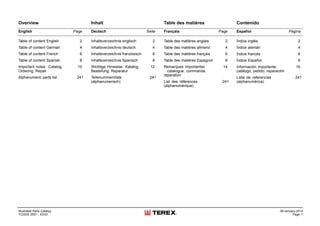 Overview Inhalt Table des matières Contenido
English Page Deutsch Seite Français Page Español Página
Table of content English 2
Table of content German 4
Table of content French 6
Table of content Spanish 8
Important notes: Catalog,
Ordering, Repair
10
Alphanumeric parts list 241
Inhaltsverzeichnis englisch 2
Inhaltsverzeichnis deutsch 4
Inhaltsverzeichnis französisch 6
Inhaltsverzeichnis Spanisch 8
Wichtige Hinweise: Katalog,
Bestellung, Reparatur
12
Teilenummernliste
(alphanumerisch)
241
Table des matières anglais 2
Table des matières allmend 4
Table des matières français 6
Table des matières Espagnol 8
Remarques importantes
: catalogue, commande,
réparation
14
List des références
(alphanumérique)
241
Índice inglés 2
Índice alemán 4
Índice francés 6
Índice Español 8
Información importante:
catálogo, pedido, reparación
16
Lista de referencias
(alphanumérica)
241
Illustrated Parts Catalog
TC0035 0557 - XXXX
09-January-2014
Page 1
 