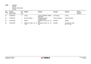 2.002 Oil Tank
Oeltank
Reservoir Hydraulique
Oil Tank
Item
Position
Posición
Part number
Teilenummer
Numéro de pièces
Número de la pieza
Anzahl
Qty.
Quant
El núm.
English Deutsch Français Español
Remarks
Bemerkungen
Remarque
Observación
23 1970956331 1 O Ring O-Ring Or3004000- N9008
8309 40x3
Joint Torique O Ring
24 1912060107 1 Screw Connector Verschlusschraube
Vs-M22x1,5-Wd
Vis De Fermeture Screw Connector
25 1343707055 1 Washer Scheibe Din 7349 - 6,4 - St -
A3c
Rondelle Washer
26 1343707057 2 Washer Din 7349 - 8,4 - St
- A3c
Scheibe Din 7349 - 8,4 - St -
A3c
Rondelle Arandela Din 7349 -
8,4 - St - A3c
Illustrated Parts Catalog
TC0035 0557 - XXXX
09-January-2014
Page 30
 