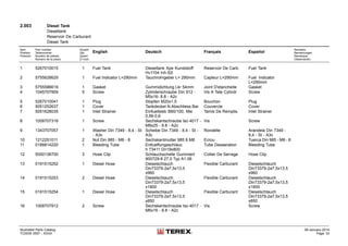 2.003 Diesel Tank
Dieseltank
Reservoir De Carburant
Diesel Tank
Item
Position
Posición
Part number
Teilenummer
Numéro de pièces
Número de la pieza
Anzahl
Qty.
Quant
El núm.
English Deutsch Français Español
Remarks
Bemerkungen
Remarque
Observación
1 5267010015 1 Fuel Tank Dieseltank Xpe Kunststoff
Hv1104 Inh.52l
Reservoir De Carb. Fuel Tank
2 5755628629 1 Fuel Indicator L=290mm Tauchrohrgeber L= 290mm Capteur L=290mm Fuel Indicator
L=290mm
3 5755586619 1 Gasket Gummidichtung Lkr 54mm Joint D'etancheite Gasket
4 1045707909 5 Screw Zylinderschraube Din 912 -
M5x16- 8.8 - A2c
Vis A Tete Cylindr Screw
5 5267010041 1 Plug Stopfen M20x1,5 Bouchon Plug
6 5051252637 1 Cover Tankdeckel N.Abschliess Bar Couvercle Cover
7 5051628035 1 Inlet Strainer Einfuellsieb B60/100, Mw
0,56-0,6
Tamis De Remplis. Inlet Strainer
8 1008707318 1 Screw Sechskantschraube Iso 4017 -
M8x25 - 8.8 - A2c
Vis Screw
9 1343707057 1 Washer Din 7349 - 8,4 - St
- A3c
Scheibe Din 7349 - 8,4 - St -
A3c
Rondelle Arandela Din 7349 -
8,4 - St - A3c
10 1212251011 2 Nut Din 985 - M8 - 8 Sechskantmutter 985 8 M8 Ecrou Tuerca Din 985 - M8 - 8
11 0188814220 1 Bleeding Tube Entlueftungsschlauc
h 73411 Dn19x800
Tube Desaeration Bleeding Tube
12 5000136700 3 Hose Clip Schlauchschelle Gummiert
900729-8 27,0 Typ A1.06
Collier De Serrage Hose Clip
13 0191515252 1 Diesel Hose Dieselschlauch
Din73379-2a7,5x13,5
x960
Flexible Carburant Dieselschlauch
Din73379-2a7,5x13,5
x960
14 0191515253 2 Diesel Hose Dieselschlauch
Din73379-2a7,5x13,5
x1800
Flexible Carburant Dieselschlauch
Din73379-2a7,5x13,5
x1800
15 0191515254 1 Diesel Hose Dieselschlauch
Din73379-2a7,5x13,5
x850
Flexible Carburant Dieselschlauch
Din73379-2a7,5x13,5
x850
16 1008707912 2 Screw Sechskantschraube Iso 4017 -
M6x16 - 8.8 - A2c
Vis Screw
Illustrated Parts Catalog
TC0035 0557 - XXXX
09-January-2014
Page 33
 