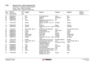 2.004 Operator’S Cab - Glasses, Mounting Parts
Fahrerkabine - Verglasung, Befestigungsteile
Cabine - Vitres, Pieces De Montage
Operator’S Cab - Glasses, Mounting Parts
Item
Position
Posición
Part number
Teilenummer
Numéro de pièces
Número de la pieza
Anzahl
Qty.
Quant
El núm.
English Deutsch Français Español
Remarks
Bemerkungen
Remarque
Observación
27 5388662817 1 Rod Fuehrungsrahmen Cadre Rod
28 5388662572 2 Strut Gasfeder Amortisseur Strut
29 5388662685 4 Pin Bolzen Axe Pin
30 1008707318 2 Screw Sechskantschraube Iso 4017 -
M8x25 - 8.8 - A2c
Vis Screw
31 1307707018 4 Washer Scheibe Din 9021 - 8,4 - St -
A2c
Rondelle Washer
32 5388662892 2 Bushing Buechse Bague Bushing
33 1290707018 2 Washer Scheibe Din 125 - 8,4 - 140 Hv
- A2c
Rondelle Arandela
34 1212251011 2 Nut Din 985 - M8 - 8 Sechskantmutter 985 8 M8 Ecrou Tuerca Din 985 - M8 - 8
35 5388662733 1 Frame Fensterrahmen Cadre (Vitre) Frame
36 5388662553 1 Screen Fensterscheibe Front Vitre Screen
37 5388662573 2 Roller Rolle Nylon Rouleau Roller
38 5388662600 1 Handle Right Griff Rechts Poignee Handle Right
39 5388662601 1 Handle Left Griff Links Poignee Handle Left
40 1290707018 2 Washer Scheibe Din 125 - 8,4 - 140 Hv
- A2c
Rondelle Arandela
41 1323707018 2 Washer Federscheibe 137 Verz. B8 Rondelle Elastique Washer
42 1212251011 2 Nut Din 985 - M8 - 8 Sechskantmutter 985 8 M8 Ecrou Tuerca Din 985 - M8 - 8
43 5558300004 2 Cover 6kt-Schutzkappe M 8
1000/0893 Schwarz
Couvercle De Prote Cover
44 5388662624 1 Seal Dichtung L=840mm Joint Seal
45 5103660534 1 Glass Frontscheibe,Klein Pare Brise Glass
46 5388662604 2 Seal Dichtung 400mm Joint Seal
47 5388662605 1 Seal Dichtung Frontscheibe 800mm Joint Seal
49 1008707230 4 Screw Sechskantschraube Iso 4017 -
M12x40 - 8.8 - A3c
Vis Screw
50 1123707630 2 Stud Stiftschraube Din 938 -
M12x50 - 8.8 - A3c
Goujon Stud
Illustrated Parts Catalog
TC0035 0557 - XXXX
09-January-2014
Page 38
 