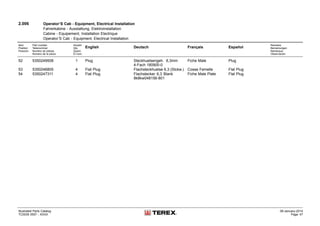2.006 Operator’S Cab - Equipment, Electrical Installation
Fahrerkabine - Ausstattung, Elektroinstallation
Cabine - Equipement, Installation Electrique
Operator’S Cab - Equipment, Electrical Installation
Item
Position
Posición
Part number
Teilenummer
Numéro de pièces
Número de la pieza
Anzahl
Qty.
Quant
El núm.
English Deutsch Français Español
Remarks
Bemerkungen
Remarque
Observación
52 5350249508 1 Plug Steckhuelsengeh. 6,3mm
4-Fach 180900-0
Fiche Male Plug
53 5350246805 4 Flat Plug Flachsteckhuelse 6,3 (Stckw.) Cosse Femelle Flat Plug
54 5350247311 4 Flat Plug Flachstecker 6,3 Blank
8k8kw048156-801
Fiche Male Plate Flat Plug
Illustrated Parts Catalog
TC0035 0557 - XXXX
09-January-2014
Page 47
 