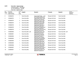 2.011 Cover Set - Uppercarriage
Auskleidungssatz - Oberwagen
Jeu De Revetement - Tourelle
Cover Set - Uppercarriage
Item
Position
Posición
Part number
Teilenummer
Numéro de pièces
Número de la pieza
Anzahl
Qty.
Quant
El núm.
English Deutsch Français Español
Remarks
Bemerkungen
Remarque
Observación
2 0188828072 1 Sound.Sup.Mat. Daemmstoff Oelta. Li.Ob
M1516a/50 50x290x330
Mousse Anti Bruit Sound.Sup.Mat.
3 0188828073 1 Sound.Sup.Mat. Daemmstoff Oelt.Li.Auss
M2023/30 30x180x330
Mousse Anti Bruit Sound.Sup.Mat.
4 0188828074 2 Sound.Sup.Mat. Daemmstoff Tank Oben
M2023/30 30x60x1000
Mousse Anti Bruit Sound.Sup.Mat.
5 0188828075 2 Sound.Sup.Mat. Daemmstoff Tank Mitte
M2023/30 30x60x320
Mousse Anti Bruit Sound.Sup.Mat.
6 0188828076 2 Sound.Sup.Mat. Daemmstoff Seit.Aus.Li.
M2023/30 30x60x345
Mousse Anti Bruit Sound.Sup.Mat.
7 0188828078 1 Sound.Sup.Mat. Daemmstoff Dieselt.Ruec
M2023/20 30x60x355
Mousse Anti Bruit Sound.Sup.Mat.
8 0188828079 1 Sound.Sup.Mat. Daemmstoff Sitzh.Aus.Re
M2023/20 20x73x725
Mousse Anti Bruit Sound.Sup.Mat.
9 0188828080 1 Sound.Sup.Mat. Left Daemmstoff Sitzk.Links
M2023/20 20x73x725
Mousse Anti Bruit Sound.Sup.Mat. Left
10 0188828081 1 Sound.Sup.Mat. Daemmstoff Sitzk.Re.
M2023/20 20x145x665
Mousse Anti Bruit Sound.Sup.Mat.
11 0188828082 1 Sound.Sup.Mat. Daemmstoff Sitzk.Li.
M2023/20 20x145x665
Mousse Anti Bruit Sound.Sup.Mat.
12 0188828083 1 Sound.Sup.Mat. Daemmstoff Rueckwand
M2023/50 50x665x870
Mousse Anti Bruit Sound.Sup.Mat.
13 0188828084 1 Sound.Sup.Mat. Daemmstoff Sitz.Vo.Li.I
M2023/20 20x581x594
Mousse Anti Bruit Sound.Sup.Mat.
14 0188828085 1 Sound.Sup.Mat. Daemmstoff Sitz.Vo.Li.A
M2023/20 20x557x582
Mousse Anti Bruit Sound.Sup.Mat.
15 0188828086 1 Sound.Sup.Mat. Daemmstoff Sitz.Vo.Re.I
M2023/20 20x580x581
Mousse Anti Bruit Sound.Sup.Mat.
16 0188828087 1 Sound.Sup.Mat. Daemmstoff Sitz.Vo.Re.A
M2023/20 20x542x582
Mousse Anti Bruit Sound.Sup.Mat.
18 0188828051 1 Sound.Sup.Mat. Daemmstoff Kuehlr.U.Hi.
M2023/30 30x25x100
Mousse Anti Bruit Sound.Sup.Mat.
Illustrated Parts Catalog
TC0035 0557 - XXXX
09-January-2014
Page 63
 