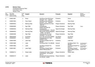 2.016 Stickers Terex
Geraetebeschilderung Terex
Autocollants Terex
Stickers Terex
Item
Position
Posición
Part number
Teilenummer
Numéro de pièces
Número de la pieza
Anzahl
Qty.
Quant
El núm.
English Deutsch Français Español
Remarks
Bemerkungen
Remarque
Observación
3 5358610561 2 Decal Schriftzug Terex Mit Krone -
Schwarz - Pvc - 120x702
Embleme Decal
4 5358610563 1 Terex Decal Schriftzug Terex Mit Krone -
Schwarz - Pvc - 140x819
Embleme Terex Decal
6 5358609543 1 Marking Plate Bedienungsschild Pvc-Folie
150x150
Plaque Indicatrice Marking Plate
7 5358609584 1 Sign Plate Hinweisschild
Klebef.Farbl160x150
Plaque Indicatrice Sign Plate Option
9 5358660002 2 Warning Plate Hinweisschild
Sicherheitsabstand - 100x100
Signal De Danger Warning Plate
10 5358660003 1 Warning Plate Warnschild Verletzungsgefahr
- 45x85 - Pvc-Gg-Ss
Signal De Danger Warning Plate
11 5358609382 1 Sign Plate Hinweisschild Vor Dem
Verlassen ..Pvc-Gw-Ss
Plaque Indicatrice Sign Plate
12 5564636300 1 Gs-Sticker Euro Test Tbg Gross (60x80) Gs-Plaque Gs-Sticker
14 5350658357 4 Reflector Rueckstrahler Rot Hella
8ra004412-021
Reflecteur Reflector
15 5358610659 1 Label Red Schriftzug Streifen Rot Pvc
860x80
Embleme Label Red
16 5358610680 1 Label Schriftzug Streif. Pvc 860x80 Autocoll Schriftzug Streif. Pvc
860x80
Ow-Sonderlack /
Special Paint
17 5358610682 1 Label Schriftzug Schweif Pvc
625x111
Autocoll Schriftzug Schweif Pvc
625x111
Ow-Sonderlack /
Special Paint
18 5358610681 1 Label Right Schriftzug Schweif Weiss
Kabine Rechts 625x111
Embleme Schriftzug Schweif
Weiss Kabine Rechts
625x111
Ow-Sonderlack /
Special Paint
19 5358609113 1 Diesel Label Hinweisschild Hupe, Diesel,
Hydraulikoel - Pvc-Gw-Ss -
24x114
Plaque Indicatrice Diesel Label
20 5358609127 3 Label Hinweisschild Kranverladung -
Pvc-Gw-Ss - 40x45
Plaque Indicatrice Label
Illustrated Parts Catalog
TC0035 0557 - XXXX
09-January-2014
Page 71
 