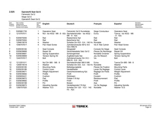2.025 OperatoŕS Seat Gs12
Fahrersitz Gs12
Siege Gs12
OperatoŕS Seat Gs12
Item
Position
Posición
Part number
Teilenummer
Numéro de pièces
Número de la pieza
Anzahl
Qty.
Quant
El núm.
English Deutsch Français Español
Remarks
Bemerkungen
Remarque
Observación
1 5305661735 1 Operators Seat Fahrersitz Gs12 Kunstleder Siege Conducteur Operators Seat
2 1210707011 4 Nut - Iso 4032 - M8 - 8 - A2c Sechskantmutter - Iso 4032 -
M8 - 8 - A2c
Ecrou Tuerca - Iso 4032 - M8
- 8 - A2c
3 5305670094 1 Rail Rastschiene Kpl. Rail Rail
4 5305670093 1 Rail Beischiene Kpl. Rail Rail
5 1294619018 4 Washer Scheibe Din 433 - 8,4 - 140 Hv Rondelle Washer
6 1046707817 4 Pan Head Screw Zylinderschraube 6912 8.8
Verz M8x16
Vis A Tete Cylindr Pan Head Screw
7 5305039184 1 Seat Console Sitzgestell Console De Siege Seat Console
8 5305639668 1 Repair Kit Verschleissteile Satz Gs12 Pieces De Rechange Repair Kit
9 5305639681 1 Spring Suspenstion Schwingeinheit Rondelle Growner Spring Suspenstion
10 5305639669 1 Tension Spring Kit Zugfedernsatz Kpl. Jeu De Ressort Tension Spring Kit
11 1045707817 1 Bolt Zylinderschraube Din 912 -
M8x16 - 8.8 - A2c
Vis Bolt
12 1212251011 1 Nut Din 985 - M8 - 8 Sechskantmutter 985 8 M8 Ecrou Tuerca Din 985 - M8 - 8
13 1294619018 1 Washer Scheibe Din 433 - 8,4 - 140 Hv Rondelle Washer
14 5305039185 1 Mounting Parts Befestigungsteile Pieces De Fixation Mounting Parts
16 5305039186 1 Control Lever Verstellhebel Levier De Reglage Control Lever
17 5305639671 1 Weight Adjustment Gewichtsverstellung Kpl. Reglage De Poids Weight Adjustment
18 5305639682 1 Profile Profil Profil Profile
19 5305655431 1 Cushion Sitzkissen Coussin Cushion
20 5305639672 1 Pad Polster F.R.Kpl. Rembourrement Pad
21 5305639682 1 Profile Profil Profil Profile
22 5305039188 1 Pin Bolzen Axe Pin
23 5305639673 1 Adjusting Spindle Verstellspindel F.R.Kpl. Vis De Reglage Adjusting Spindle
25 1290707020 2 Washer 10.5 Scheibe Din 125 - 10,5 - 140
Hv - A2c
Rondelle Washer 10.5
Illustrated Parts Catalog
TC0035 0557 - XXXX
09-January-2014
Page 81
 