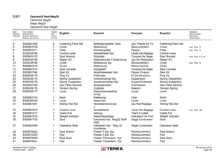 2.027 OperatoŕS Seat Msg20
Fahrersitz Msg20
Siege Msg20
OperatoŕS Seat Msg20
Item
Position
Posición
Part number
Teilenummer
Numéro de pièces
Número de la pieza
Anzahl
Qty.
Quant
El núm.
English Deutsch Français Español
Remarks
Bemerkungen
Remarque
Observación
4 5305661608 4 Fastening Parts Set Befestigungsteile -Satz Jeu, Pieces De Fix Fastening Parts Set
5 5305661618 1 Cover Abdeckung Recouvrement Cover Incl. Pos. 4
6 5305661611 1 Plate Rueckenplatte Plaque Plate Incl. Pos. 4
7 5305039166 1 Control Lever Verstellhebel Kpl. Levier De Reglage Control Lever
8 5305661612 1 Seat Bracket Sitzplatte Console De Siege Seat Bracket Incl. Pos. 4,7,10
9 5305039168 1 Repair Kit Reparatursatz F.Abdeckung Jeu De Reparation Repair Kit
10 5305039169 1 Cover Abdeckung Kpl. Recouvrement Cover Incl. Pos. 9
11 5305661613 1 Cover Abdeckung Recouvrement Cover
12 5305661614 1 Seat Console Sitzgestell Console De Siege Seat Console
13 5305661594 1 Seal Kit Verschleissteile Satz Pieces D'usure Seal Kit
20 5305039173 1 Plug Kit Puffersatz Kit De Bouchon Plug Kit
24 5305039174 1 Spring Suspention Innenschwinge Kpl. Suspension Spring Suspention
25 5305039175 1 Spring Suspention Aussenschwinge Kpl. Support Exterieur Spring Suspention
26 5305661595 1 Gas Filled Damper Stossdaempfer Amortisseur Gas Filled Damper
27 5305039176 1 Tension Spring Zugfeder Ressort Tension Spring
28 5305039177 1 Lever Gewichtseinstellheb
el Kpl.
Levier Lever
29 5305661615 1 Noch Rasterung Cran Noch
30 5305039180 1 Lever Hebel Kpl. Levier Lever
31 5305661691 1 Sliding Rail Set Verstellschienensat
z
Jeu Rail Reglage Sliding Rail Set
33 5305661616 1 Control Lever Verstellhebel Levier De Reglage Control Lever Incl. Pos. 35
34 5305661617 1 Cable Pull Seilzug Tirant A Cable Cable Pull
35 5305661619 1 Weight Indicator Gewichtsanzeige Indicateur De Poid Weight Indicator
36 5305661700 1 Seat Fahrersitz Kpl. Msg20 Stoff
Gelb
Siege Conducteur Seat
37 5305661690 1 Operators Seat Fahrersitz Kpl. Msg 20
Kunstleder
Siege Conducteur Operators Seat
38 5305670022 1 Seat Bottom Polster F.Sitz Kpl. Rembourrement Seat Bottom
39 5305670020 1 Pad Polster F.Sitz Kpl. Rembourrement Pad
40 5305670023 1 Seat Back Polster F.Rueckenl. Kpl. Rembourrement Seat Back
41 5305670021 1 Pad Polster F.Rueckenl. Kpl. Rembourrement Pad
Illustrated Parts Catalog
TC0035 0557 - XXXX
09-January-2014
Page 83
 