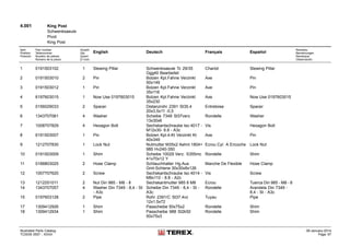4.001 King Post
Schwenksaeule
Pivot
King Post
Item
Position
Posición
Part number
Teilenummer
Numéro de pièces
Número de la pieza
Anzahl
Qty.
Quant
El núm.
English Deutsch Français Español
Remarks
Bemerkungen
Remarque
Observación
1 0191503102 1 Slewing Pillar Schwenksaeule Tc 29/35
Ggg40 Bearbeitet
Chariot Slewing Pillar
2 0191503010 2 Pin Bolzen Kpl.Fahne Verzinkt
50x149
Axe Pin
3 0191503012 1 Pin Bolzen Kpl.Fahne Verzinkt
35x116
Axe Pin
4 6197603015 1 Now Use 0197603015 Bolzen Kpl.Fahne Verzinkt
35x230
Axe Now Use 0197603015
5 0156029033 2 Spacer Distanzrohr 2391 St35.4
20x3,5x11 -0,5
Entretoise Spacer
6 1343707061 4 Washer Scheibe 7349 St37verz
13x30x6
Rondelle Washer
7 1008707829 4 Hexagon Bolt Sechskantschraube Iso 4017 -
M12x30- 8.8 - A3c
Vis Hexagon Bolt
8 6191503007 1 Pin Bolzen Kpl.4-Kt Verzinkt Kt
40x349
Axe Pin
9 1212707830 1 Lock Nut Nutmutter M35x2 Aehnl.1804+
985 Hv240-350
Ecrou Cyl. A Encoche Lock Nut
10 0191503009 1 Shim Scheibe 10029 Verz. S355mc
41x70x12 Y
Rondelle Shim
11 0188803025 2 Hose Clamp Schlauchhalter Hg.Aus
Gmt-Schiene 30x30x8x126
Manche De Flexible Hose Clamp
12 1007707620 2 Screw Sechskantschraube Iso 4014 -
M8x110 - 8.8 - A2c
Vis Screw
13 1212251011 2 Nut Din 985 - M8 - 8 Sechskantmutter 985 8 M8 Ecrou Tuerca Din 985 - M8 - 8
14 1343707057 4 Washer Din 7349 - 8,4 - St
- A3c
Scheibe Din 7349 - 8,4 - St -
A3c
Rondelle Arandela Din 7349 -
8,4 - St - A3c
15 0197603128 2 Pipe Rohr 2391/C St37.4vz
12x1,5x72
Tuyau Pipe
17 1309412926 1 Shim Passcheibe 50x75x2 Rondelle Shim
18 1309412934 1 Shim Passcheibe 988 St2k50
50x75x3
Rondelle Shim
Illustrated Parts Catalog
TC0035 0557 - XXXX
09-January-2014
Page 97
 