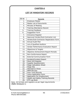E-mail:morning@bsnl.in 40 17/03/2015
Phone:9847041681
CHCHCHCHAPTERAPTERAPTERAPTER----6666
LIST OF MANDATORY RECORDSLIST OF MANDATORY RECORDSLIST OF MANDATORY RECORDSLIST OF MANDATORY RECORDS
Note: All formats and registers as per legal requirements
(Refer Annexure 1Refer Annexure 1Refer Annexure 1Refer Annexure 1)
SISISISI nononono RecordsRecordsRecordsRecords
1. Employee Master
2. Master List of Documents
3. Minutes of Meeting
4. Training Attendance Record
5. Training Feedback
6. Suggestion Form
7. Grievance Register
8. Approved Vender/Sub-Contractor List
9. Vendor/Sub-Contractor Registration Form
10. Annual Audit Plan
11. List of Qualified Auditors
12. Vendor Performance Evaluation Report
13. Objectives & Targets
14. Objective Achievement Report Periodic
15. Non-Conformance Report
16. External Communication Form
17. Accident/Incident Report
18. Mock Drill Register
19. Supplier Questionnaire
20. Wage Calculation Sheet
21. Wage Slip
22. Attendance Sheet
23. MRM Minutes
24. Over Time Records
25. Leave Application Form
26. Application For Employment
27. Health and Safety Training Records
28. ETP Log Book
 