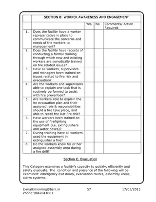 E-mail:morning@bsnl.in 57 17/03/2015
Phone:9847041681
SECTION B: WORKER AWARENESS AND ENGAGEMENTSECTION B: WORKER AWARENESS AND ENGAGEMENTSECTION B: WORKER AWARENESS AND ENGAGEMENTSECTION B: WORKER AWARENESS AND ENGAGEMENT
Yes No Comments/ Action
Required
1. Does the facility have a worker
representative in place to
communicate the concerns and
needs of the workers to
management?
2. Does the facility have records of
conducting a formal training
through which new and existing
workers are periodically trained
on fire related issues?
3. Have all workers, supervisors
and managers been trained on
issues related to fire risk and
evacuation?
4. Are the workers and supervisors
able to explain one task that is
routinely performed to assist
with fire prevention?
5. Are workers able to explain the
ire evacuation plan and their
assigned role & responsibilities
should a fire take place, and
able to recall the last fire drill?
6. Have workers been trained on
the use of firefighting
equipment (i.e. extinguishers
and water hoses)?
7. During training have all workers
used the equipment in
extinguisher a fire?
8. Do the workers know his or her
assigned assembly area during
a fire drill?
Section C. EvacuationSection C. EvacuationSection C. EvacuationSection C. Evacuation
This Category examines a facility’s capacity to quickly, efficiently and
safety evacuate. The condition and presence of the following will be
examined: emergency exit doors, evacuation routes, assembly areas,
alarm systems.
 