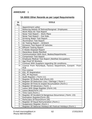 E-mail:morning@bsnl.in 62 17/03/2015
Phone:9847041681
ANNEXURE 1ANNEXURE 1ANNEXURE 1ANNEXURE 1
SA 8000 Other Records as per Legal RequirementsSA 8000 Other Records as per Legal RequirementsSA 8000 Other Records as per Legal RequirementsSA 8000 Other Records as per Legal Requirements
Sl.
No.
TITLE
1. Appointment Letter
2. Relieving Details Of Retired/Resigned Employees
3. Work Place Air Test Report
4. Noise Test Report – Work Place
5. Noise Test Report – Out Side.
6. Drinking Water Test Report
7. Illumination Test Report
8. Air Testing Report – Ambient
9. Emission Test Report Of Vehicles
10. Effluent Testing Report
11. E Waste Disposal Report
12. Hazardous Waste Manifest
13. Communication With Govt. Bodies/Departments
14. Compressor Test Report
15. Employee Medical Test Report (Notified Occupation)
16. Age Proof Of Workers
17. Contract With Suppliers regarding SA conditions.
18. Licence From Panchâyat, Factory Department, Consent From
PCB
19. Fire Licence
20. ESI, PF Registration
21. ESI, PF Payment
22. Audit Register ( Form:11)
23. Register Of Muster Roll (Form:22)
24. Register Of Deduction Loss / Damage ( Form:)
25. Register Of Fines & Unpaid Accumulation (Form:)
26. Register Of Advances ( Form: )
27. Leave With Wage Register (Form:14)
28. Leave Book(Form:15)
29. Time Card (Form:)
30. Register Of Accident & Dangerous Occurrence ( Form: 23)
31. Exemption Register(Form:28)
32. Particulars Of Room(Form:29)
33. Register Of Equal Remuneration (Form:)
34. Suspension Register (Form:)
35. Register Of National Holidays &5 Festival Holidays (Form:)
 
