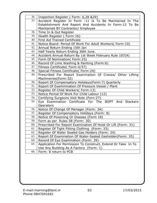 E-mail:morning@bsnl.in 63 17/03/2015
Phone:9847041681
36. Inspection Register ( Form: 6,28 &29)
37. Accident Register In Form :11 Is To Be Maintained In The
Establishment And Report And Accidents In Form:12 To Be
Maintained BY Contractor/ Employee
38. Time In & Out Register
39. Health Register ( Form:16)
40. First Aid Trained Certificate
41. Notice Board- Period Of Work For Adult Workers( Form-10)
42. Annual Return Ending 15th Jan
43. Half Yearly Return Ending 30th June.
44. Accident Annual Return By 1st Week February Rule 107(4)
45. Form Of Nomination( Form:25)
46. Record Of Lime Washing & Painting (Form:6)
47. Fitness Certificate( Form:4/37)
48. Special Fitness Certificate( Form:24)
49. Prescribed For Report Examination Of Cranes/ Other Lifting
Machineries(Form:32)
50. Report Of Compensatory Holidays(Form:7) Quarterly
51. Report Of Examinination Of Pressure Vessel / Plant
52. Register Of Child Workers( Form:13)
53. Notice Period Of Work For Child Labour (12)
54. Certifying Surgeons Visit Note (Forn:27)
55. Eye Examination Certificate For The BOPT And Stackers
Operators
56. Notice Of Change Of Manager (Form: 3A)
57. Register Of Compensatory Holidays (Form: 8)
58. Notice Of Poisoning Or Disease (Form 18)
59. Form as per Rules 58 (Form: 30)
60. Prescribed For Report Examination Of Hoist Or Lift (Form: 31)
61. Register Of Tight Fitting Clothing (Form: 33)
62. Register Of Water Sealed Gas Holders (Form: 34)
63. Report Of Examination Of Water-Sealed Gasholder(Form: 35)
64. Record Of Eye Examination (Form: 39)
65. Application For Permission To Construct, Extend Or Take In To
Use Any Building As A Factory (Form: 1)
66. Form: VVVV return to PCB
 