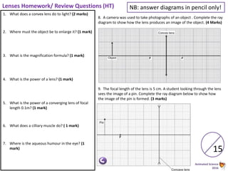 Animated Science
2016
Lenses Homework/ Review Questions (HT)
8. A camera was used to take photographs of an object . Complete the ray
diagram to show how the lens produces an image of the object. (4 Marks)
9. The focal length of the lens is 5 cm. A student looking through the lens
sees the image of a pin. Complete the ray diagram below to show how
the image of the pin is formed. (3 marks)
NB: answer diagrams in pencil only!
15
1. What does a convex lens do to light? (2 marks)
2. Where must the object be to enlarge it? (1 mark)
3. What is the magnification formula? (1 mark)
4. What is the power of a lens? (1 mark)
5. What is the power of a converging lens of focal
length 0.1m? (1 mark)
6. What does a cilliary muscle do? ( 1 mark)
7. Where is the aqueous humour in the eye? (1
mark)
 