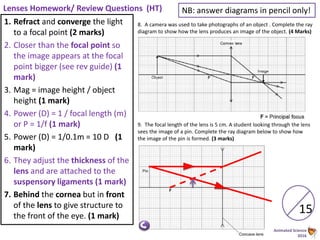 Animated Science
2016
Lenses Homework/ Review Questions (HT)
8. A camera was used to take photographs of an object . Complete the ray
diagram to show how the lens produces an image of the object. (4 Marks)
9. The focal length of the lens is 5 cm. A student looking through the lens
sees the image of a pin. Complete the ray diagram below to show how
the image of the pin is formed. (3 marks)
NB: answer diagrams in pencil only!
15
1. Refract and converge the light
to a focal point (2 marks)
2. Closer than the focal point so
the image appears at the focal
point bigger (see rev guide) (1
mark)
3. Mag = image height / object
height (1 mark)
4. Power (D) = 1 / focal length (m)
or P = 1/f (1 mark)
5. Power (D) = 1/0.1m = 10 D (1
mark)
6. They adjust the thickness of the
lens and are attached to the
suspensory ligaments (1 mark)
7. Behind the cornea but in front
of the lens to give structure to
the front of the eye. (1 mark)
 