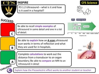P3 1.2 Ultrasound – what is it and how
is it used in a hospital?
INSPIRE
C
Be able to recall simple examples of
Ultrasound in some detail and one in a lot
of detail.
Complete calculations to work out the
distance from a transducer to an organ
boundary /Be able to compare an MRI to an
Ultrasound in detail
Be able to explain how an A scan ultrasound
scan works in terms of reflection and what
they are used for in hospitals.
Explain how the Piezoelectric effect works to another student or teacher
A
B
CFS Science
 