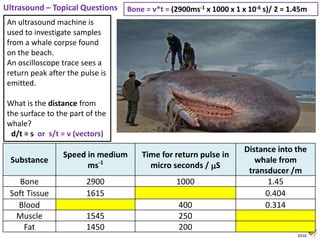 Animated Science
2016
Ultrasound – Topical Questions
An ultrasound machine is
used to investigate samples
from a whale corpse found
on the beach.
An oscilloscope trace sees a
return peak after the pulse is
emitted.
What is the distance from
the surface to the part of the
whale?
d/t = s or s/t = v (vectors)
Substance
Speed in medium
ms-1
Time for return pulse in
micro seconds / S
Distance into the
whale from
transducer /m
Bone 2900 1000 1.45
Soft Tissue 1615 0.404
Blood 400 0.314
Muscle 1545 250
Fat 1450 200
Bone = v*t = (2900ms-1 x 1000 x 1 x 10-6 s)/ 2 = 1.45m
 