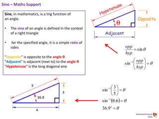 Animated Science
2016
Sine – Maths Support
Sine, in mathematics, is a trig function of
an angle.
• The sine of an angle is defined in the context
of a right triangle
• for the specified angle, it is a simple ratio of
sides
"Opposite" is opposite to the angle θ
"Adjacent" is adjacent (next to) to the angle θ
"Hypotenuse" is the long diagonal one










hyp
opp
hyp
opp
1
sin
sin
 














9.36
6.0sin
5
3
sin
1
1
 