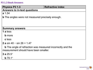 Animated Science
2016
P3 1.3 Book Answers
Physics P3 1.3 Refractive index
Answers to in-text questions
a 1.54
b The angles were not measured precisely enough.
Summary answers
1 a less
b more
c less
2 a sin 40 ÷ sin 26 = 1.47
b The angle of refraction was measured incorrectly and the
measurement should have been smaller.
3 a 25.5°
b 70.1°
 